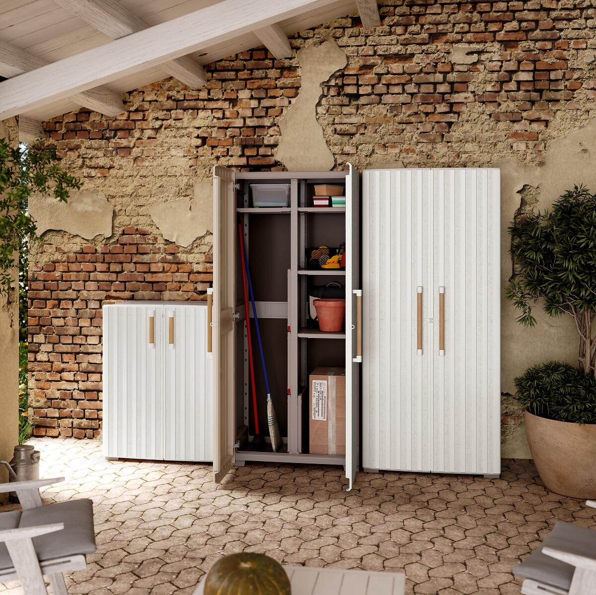 Armoire à balais en polypropylène, beige L 80 x H 180 x P 45 cm, 2 portes intérieur/extérieur - 3