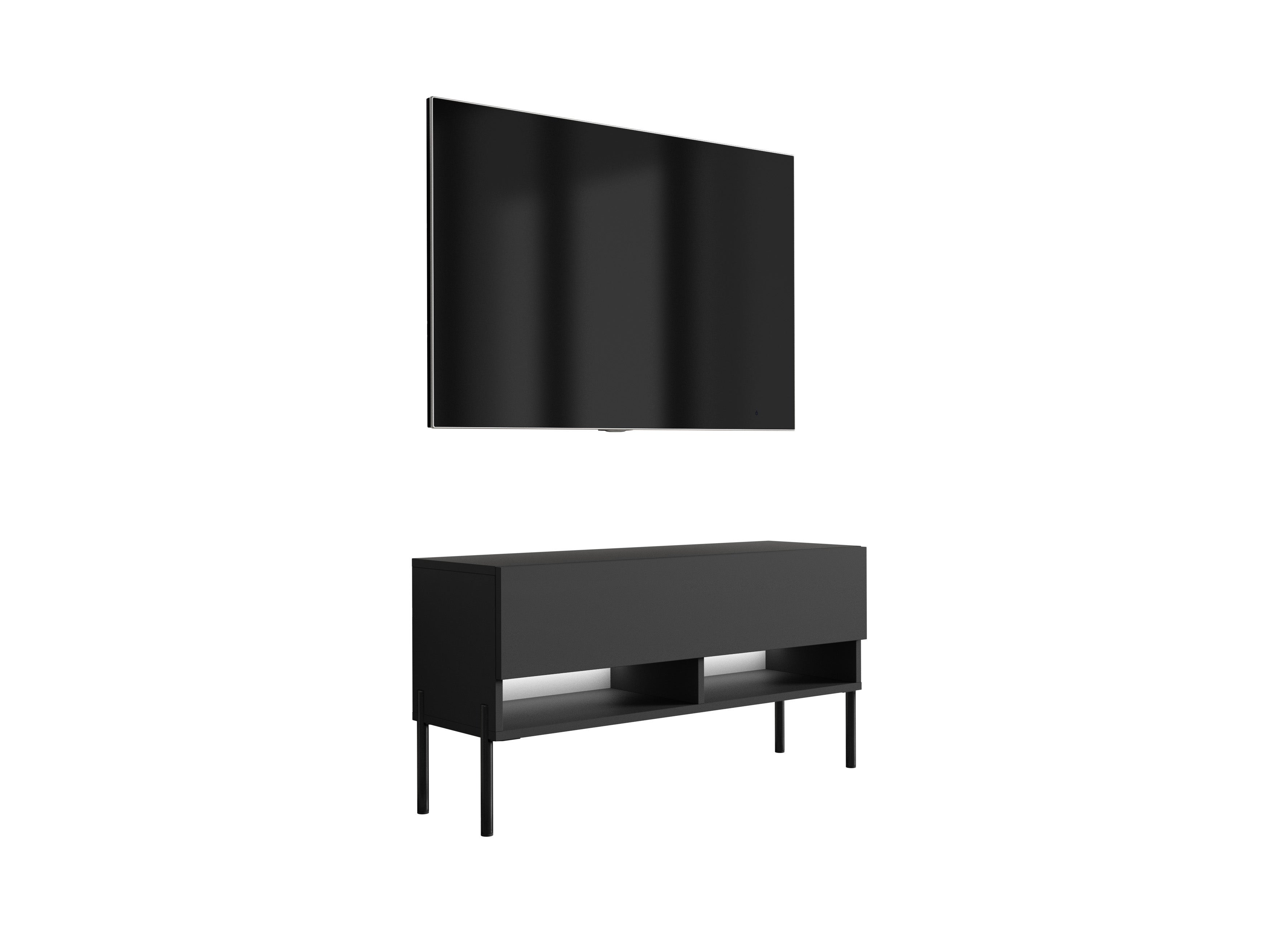 Szafka RTV : Czarny Mat, nóżki proste czarne, LED biały, 100 × 32 × 52 cm