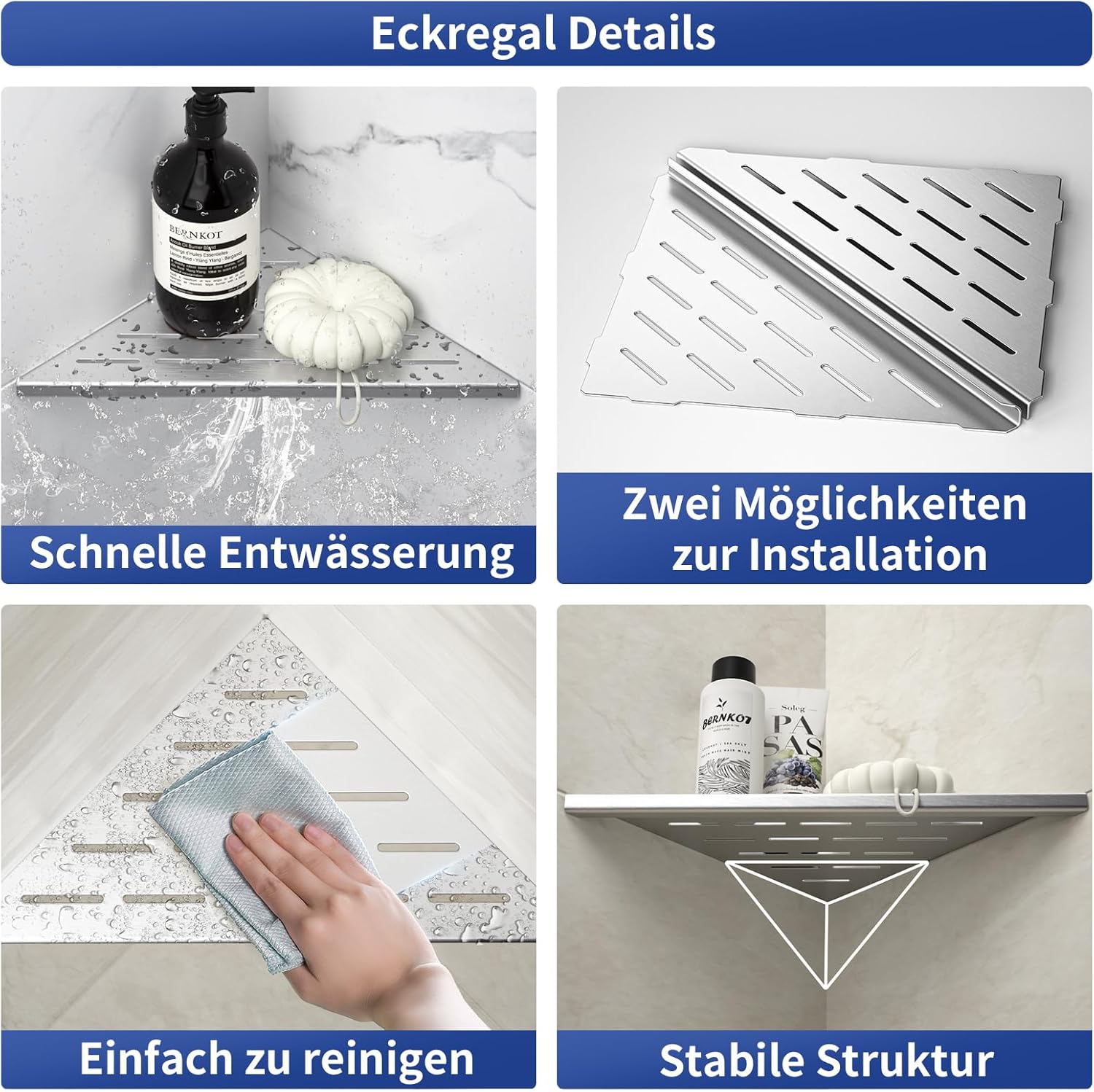 Lot 2 étagères d'angle pour douche en acier inox 304, pour carrelage, niche, rénovation salle de bain (brossé, 254 mm). - 6