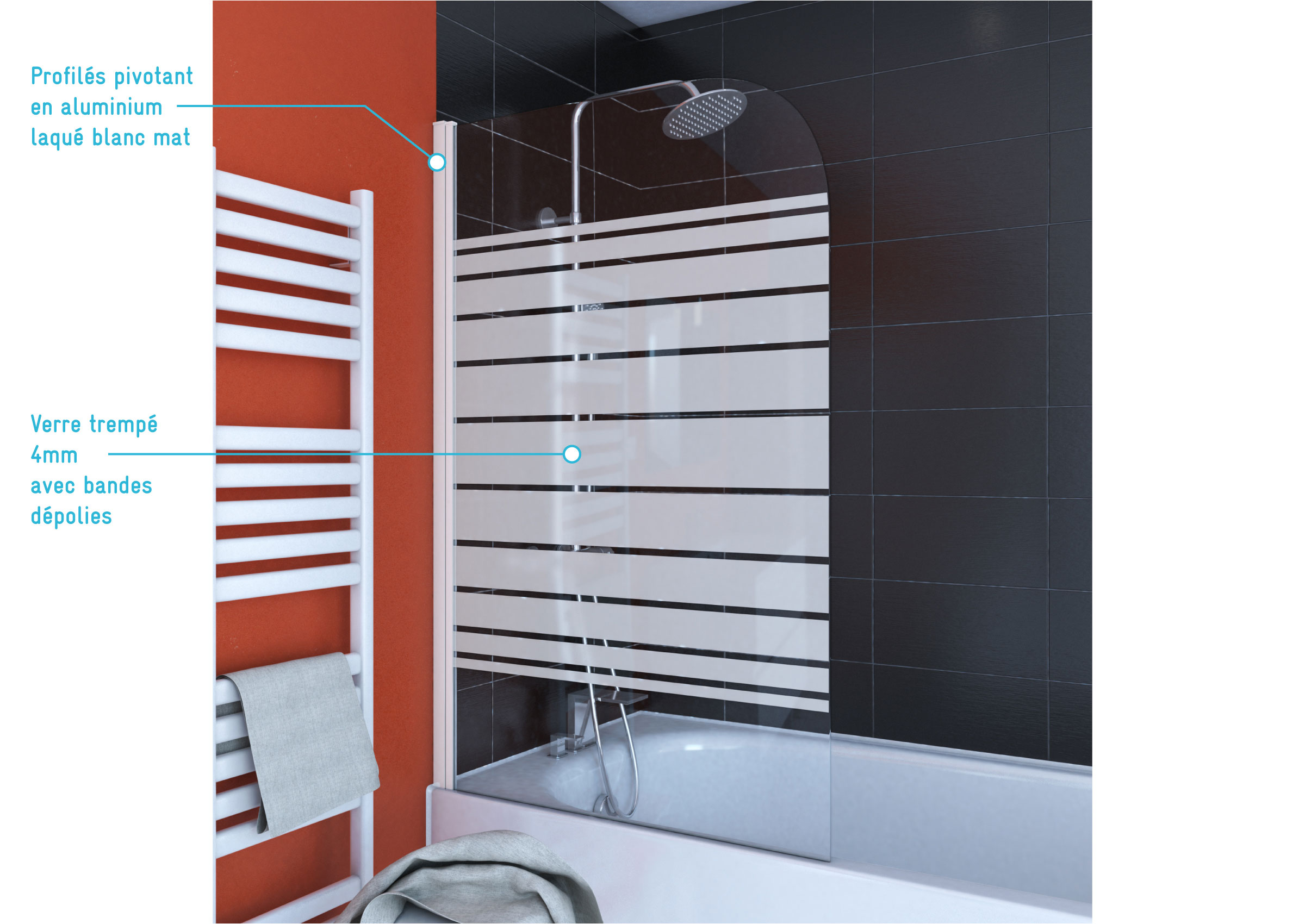 PARE BAIGNOIRE PIVOTANT 130x75cm VERRE SERIGRAPHIE ET PROFILE ALUMINIUM BLANC - 4