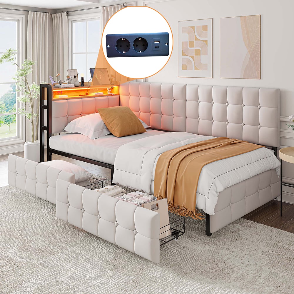 90 X 200 Sofa rozkładana dla dzieci z 2 szufladami i lampką nocną LED, portami USB i typu C, beżowa