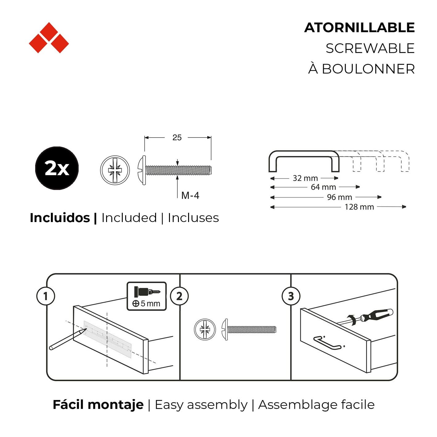 REI | Poignée chromée polie 96 mm | Poignée en métal pour cuisines modernes | Vis incluses - 3