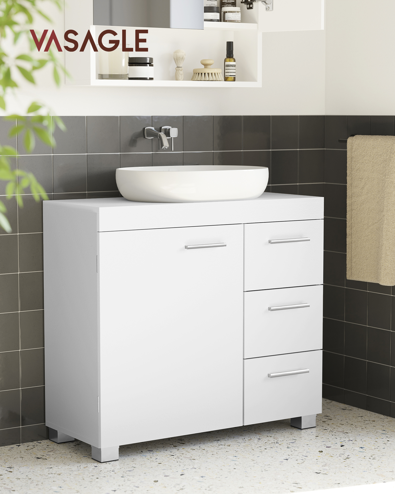 Meuble De Salle De Bain Caprera 2 Tiroirs Et Une Porte Avec Lavabo Et Miroir Blanc 90x45cm 87279352