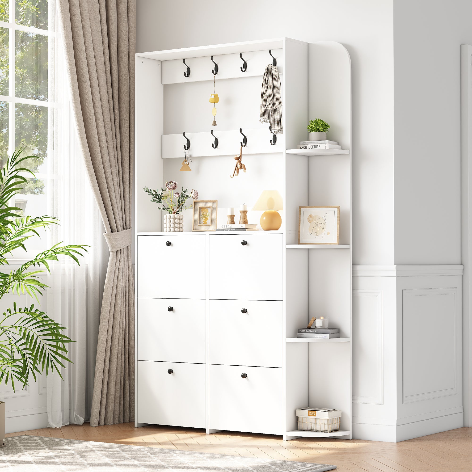 Zestaw szafek do przedpokoju 120 x 24 x 200 cm - Z 6 szafkami na buty - 8 wieszakami - Z 5 półkami - Biały - 5