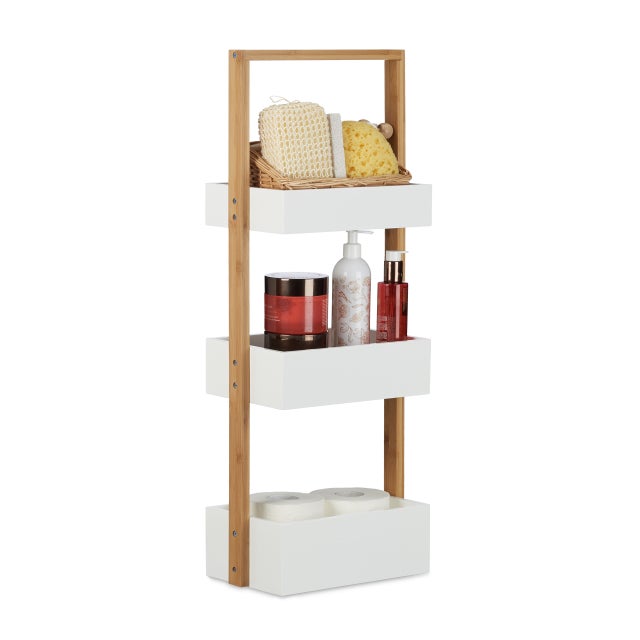 Relaxdays Estantería baño bambú, pequeña con tres estantes, estantes baño madera, 76 x 30 x 18,5 cm blanco / natural