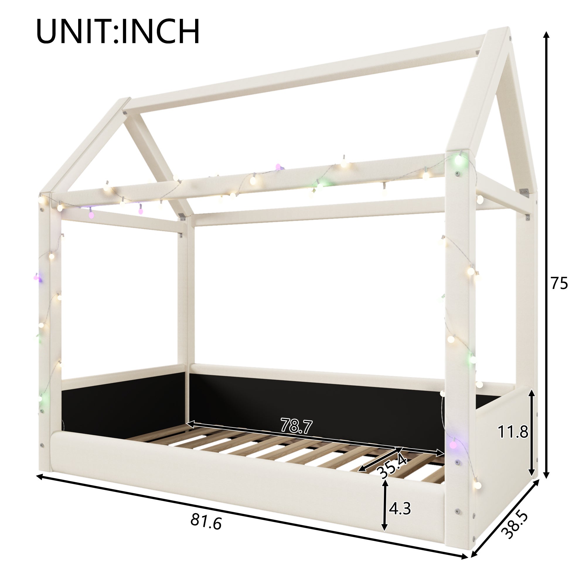 Łóżko domek 90x200cm - z listwą LED - Design dachu - MDF - Beżowy (materac nie jest wliczony w cenę) - 5