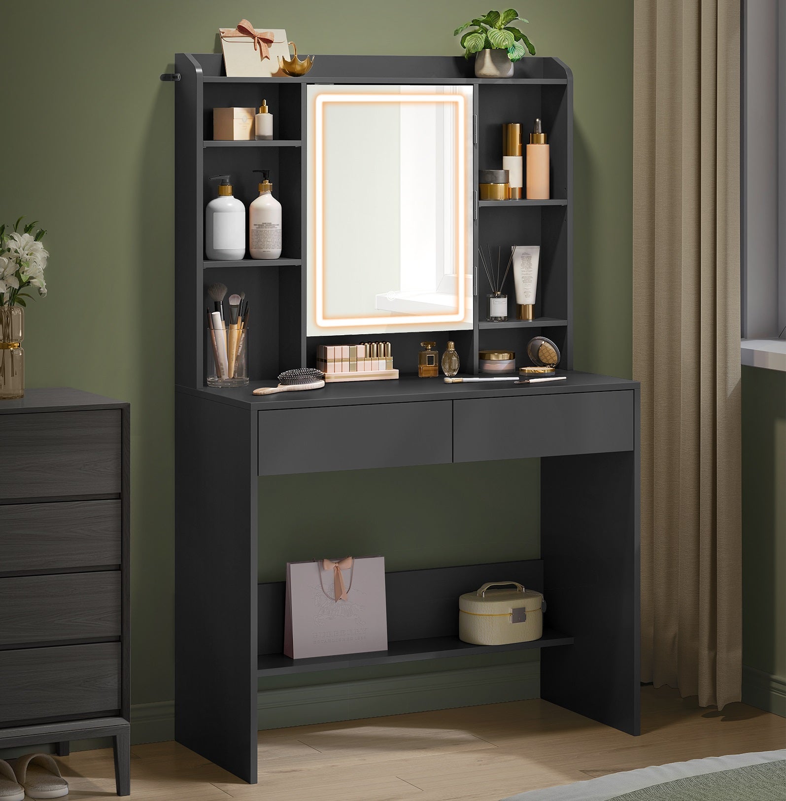 JUMMICO - Coiffeuse Avec Miroir LED Intégré | Rangement Secret Derrière Miroir | 2 Tiroirs & étagères Réglables | Style Moderne