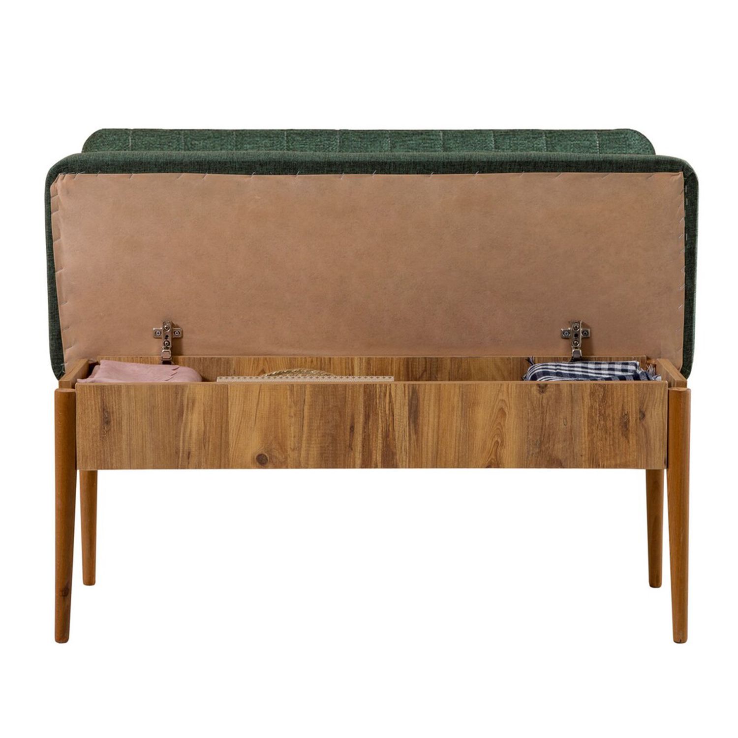 Banquette-coffre capitonnée avec dossier L110cm Scamnum Bois clair et Tissu Vert forêt - 2