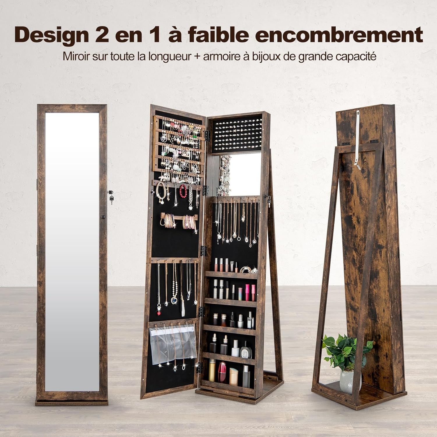 Specchio Portagioie da Terra, Armadietto Portagioie con Specchio a Figura Intera e Specchio Interno, con Serratura, per Collane Orecchini Anel - 6