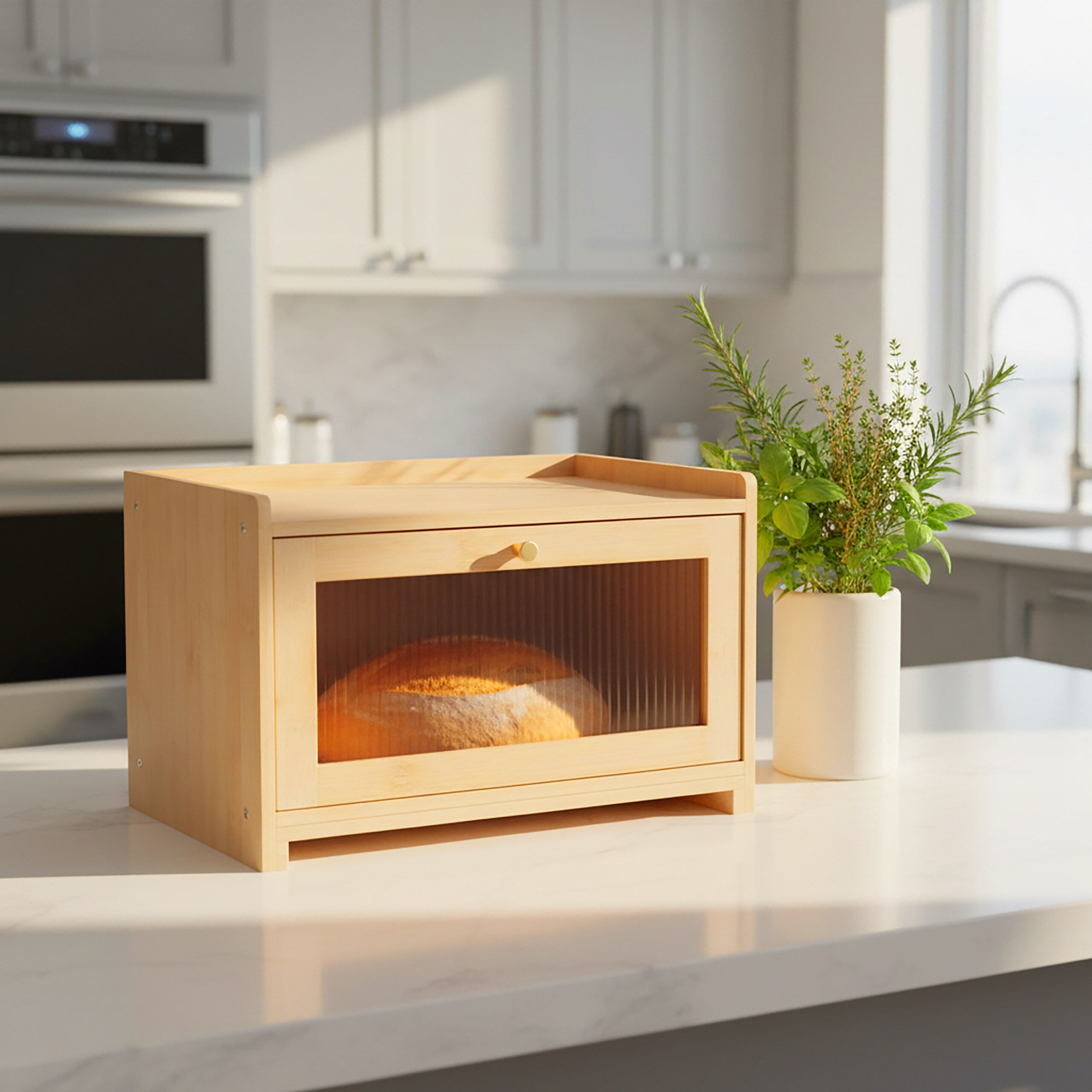 Panera de bambú con tabla de cortar y bandeja, ventilación y ventana, 26 x 40 x 25 cm, color natural, relaxdays - 2
