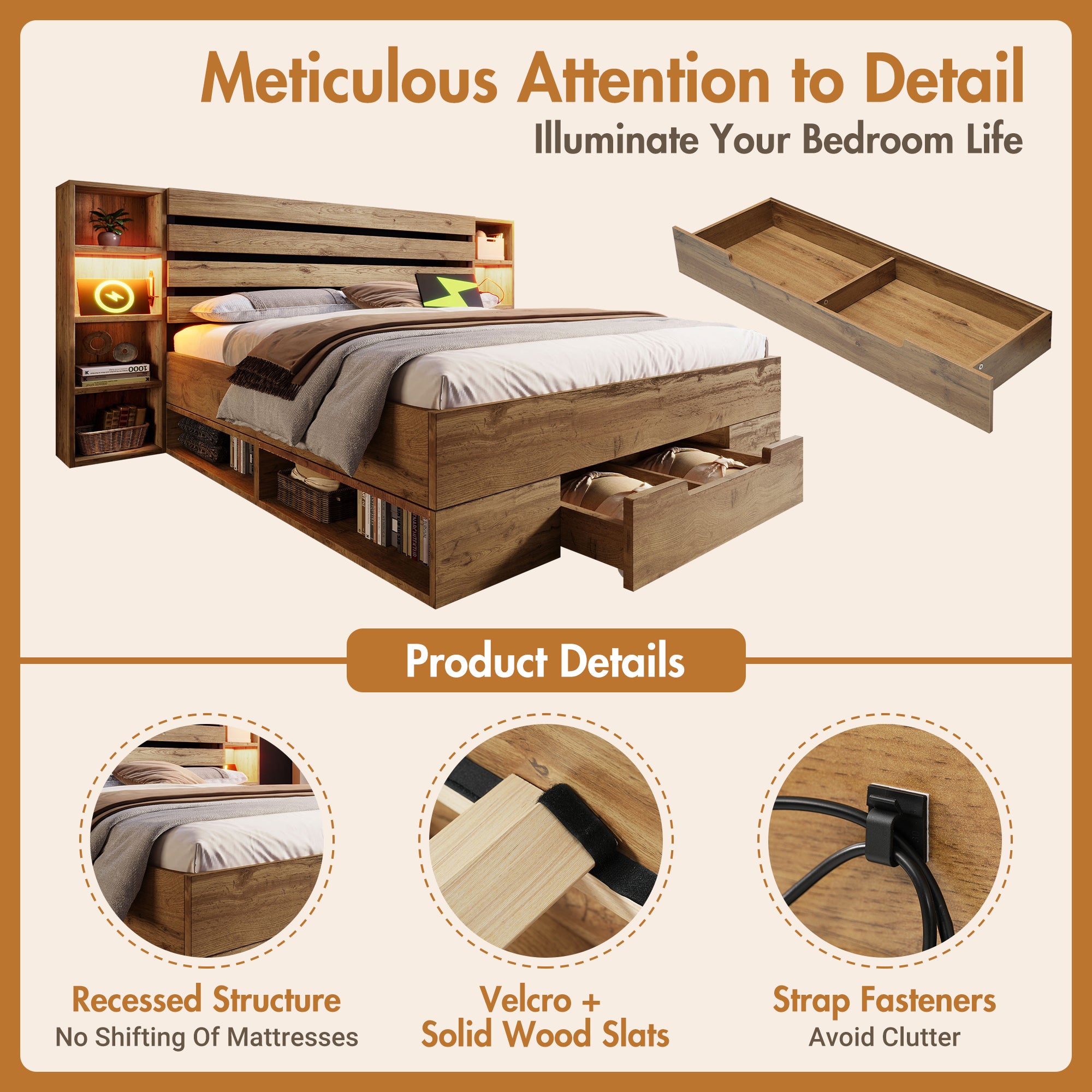 Lit Double 180x200 avec LED et USBC, Lit Industriel avec tête de lit et tiroirs de Rangement, Chêne (Sans Matelas) - 7