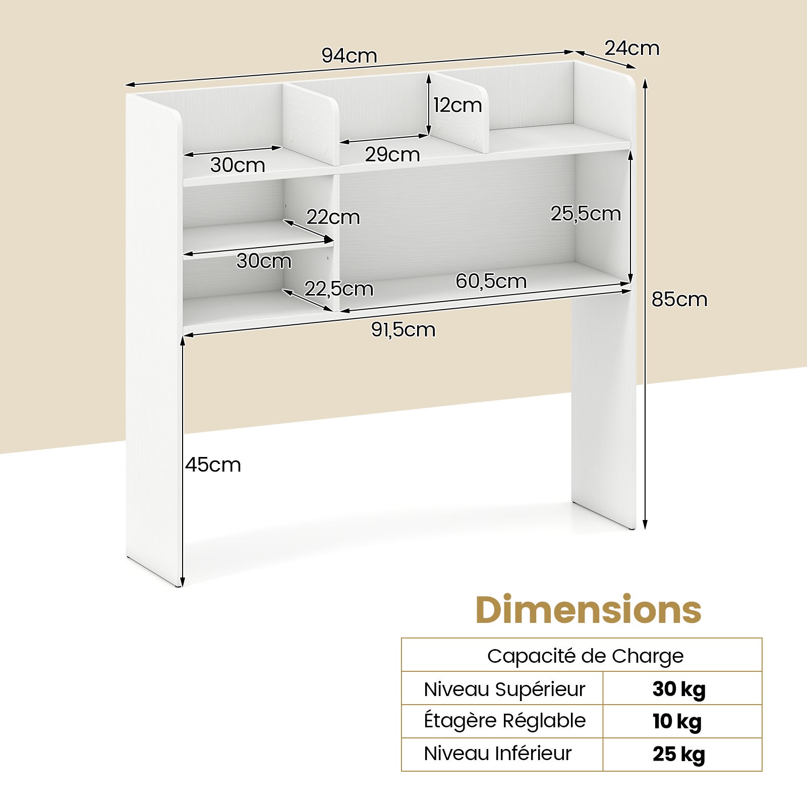 Półka biurkowa 94 x 24 x 85 cm, 3-poziomowy organizer biurkowy z 6 półkami do biurka komputerowego, akademika, biały - 4
