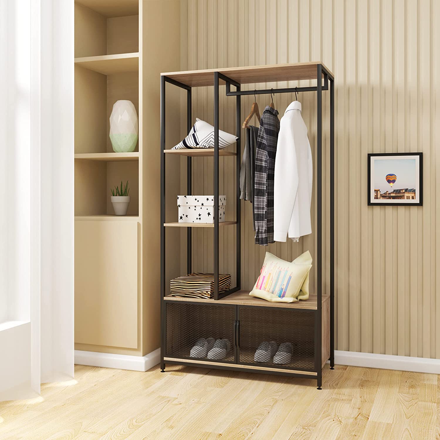 Portemanteau WOLTU Avec Compartiments De Rangement - Bois Chêne Clair Et Métal Pour Chambre