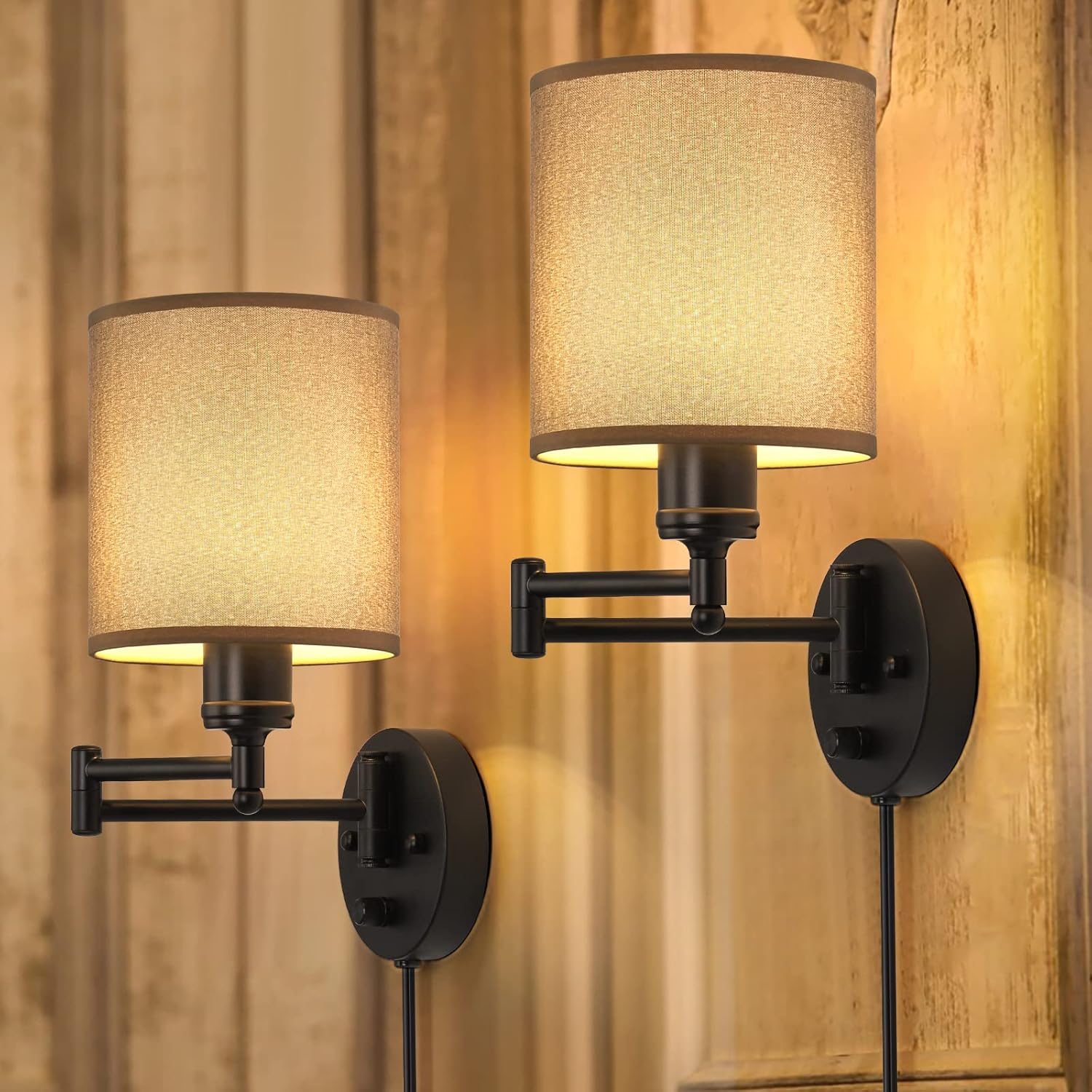 Wtykowa lampa ścienna, zestaw 2 kinkietów z ruchomym ramieniem, z jasnobrązowymi kloszami, nowoczesna lampa ścienna do sypialni, lampka nocna