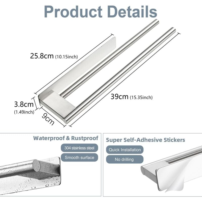 Czarny wieszak na ręczniki łazienkowe bez wiercenia, podwójny wieszak na ręczniki ze stali nierdzewnej 304, wiskoza, dwa ramiona, montaż ścienny - 5