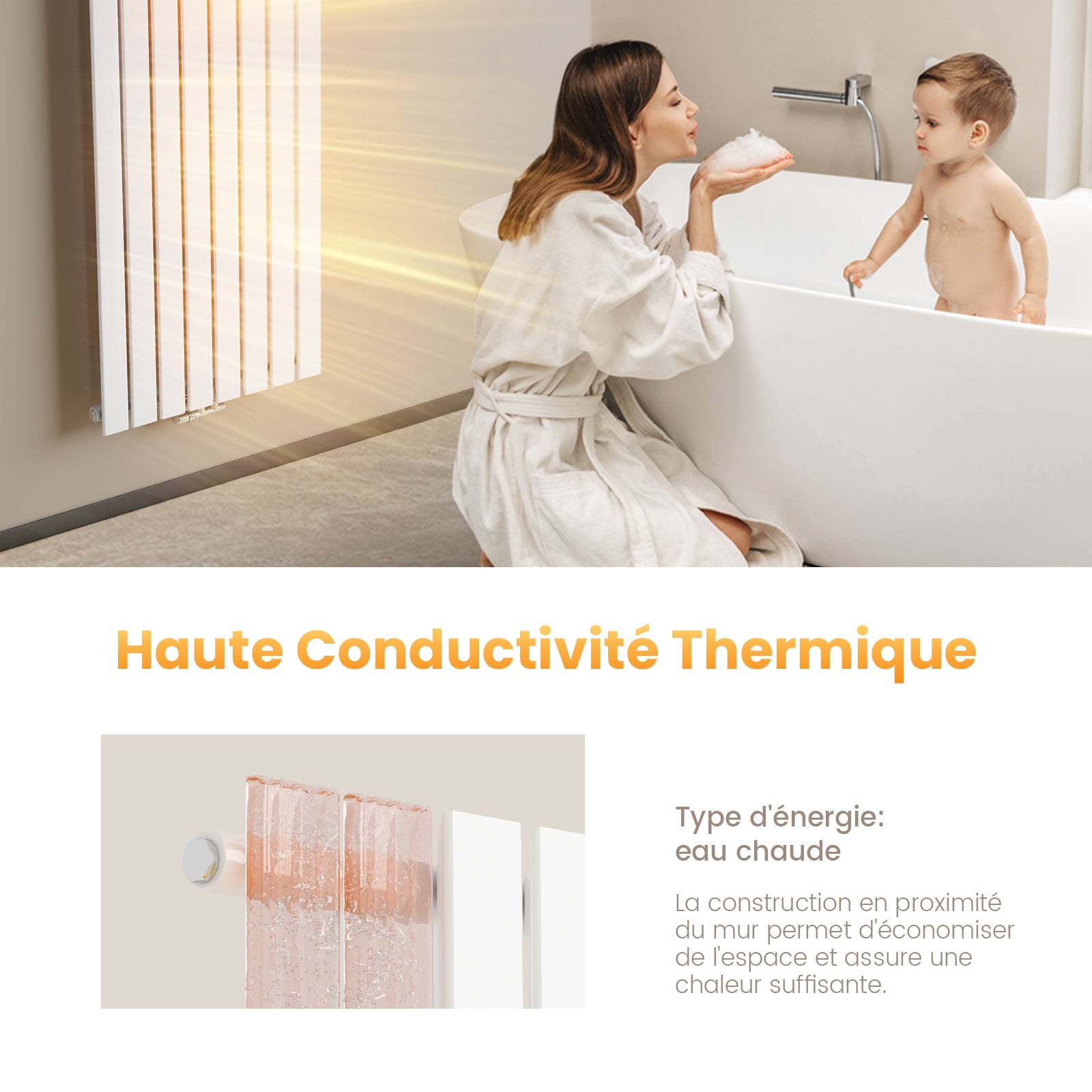 EMKE Radiateur eau chaude en acier 180x30cm 911W Radiateur plat Double couche connexion centrale Montage mural, Blanc - 6
