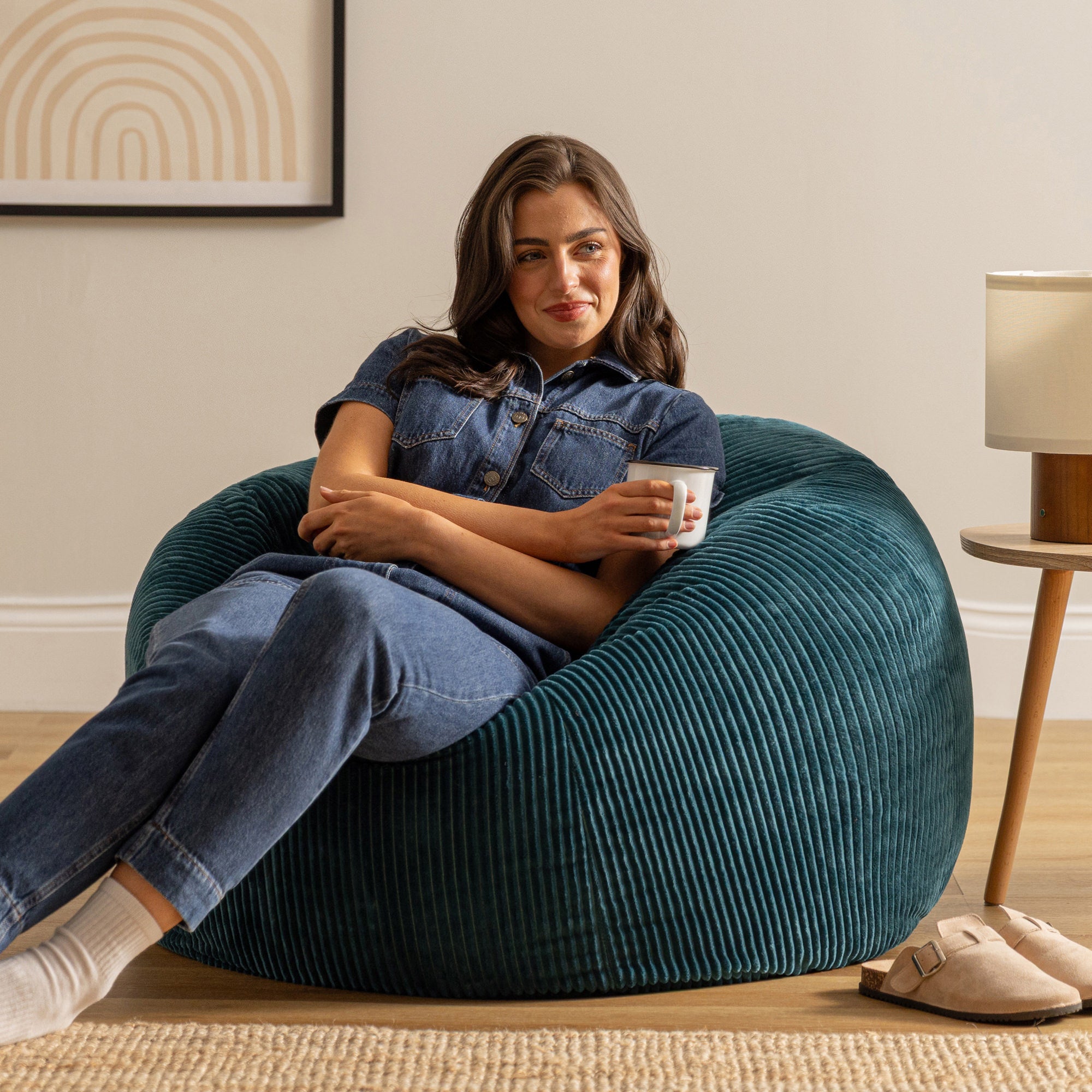 Pouf fauteuil Icon velours côtelé bleu canard, salon, chambre, 85x85cm, Made in Allemagne, Oeko-Tex® - 3