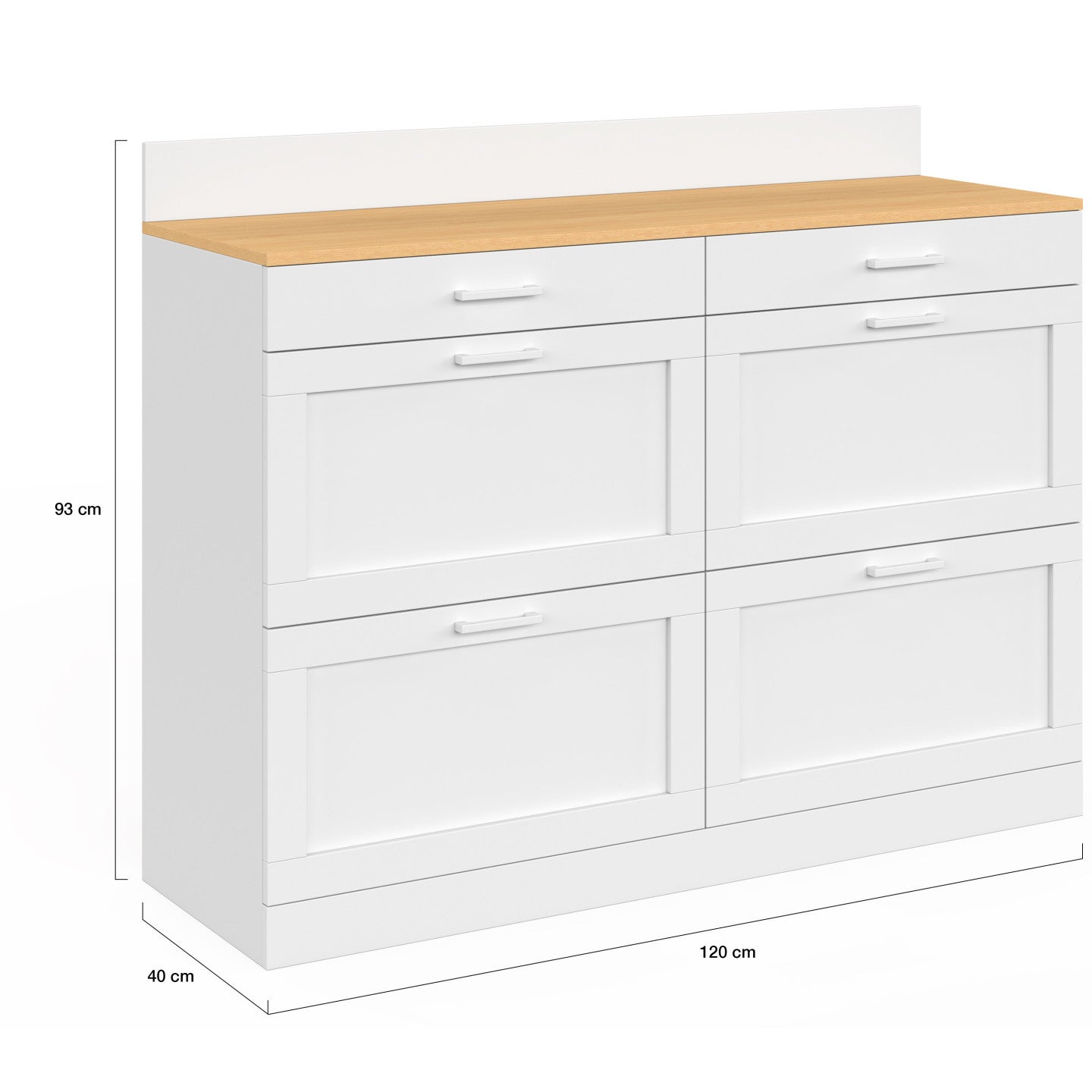 Buffet bas de cuisine 120 cm casserolier VITO plan de travail H.83 cm 6 tiroirs blanc et plateau façon hêtre - 5