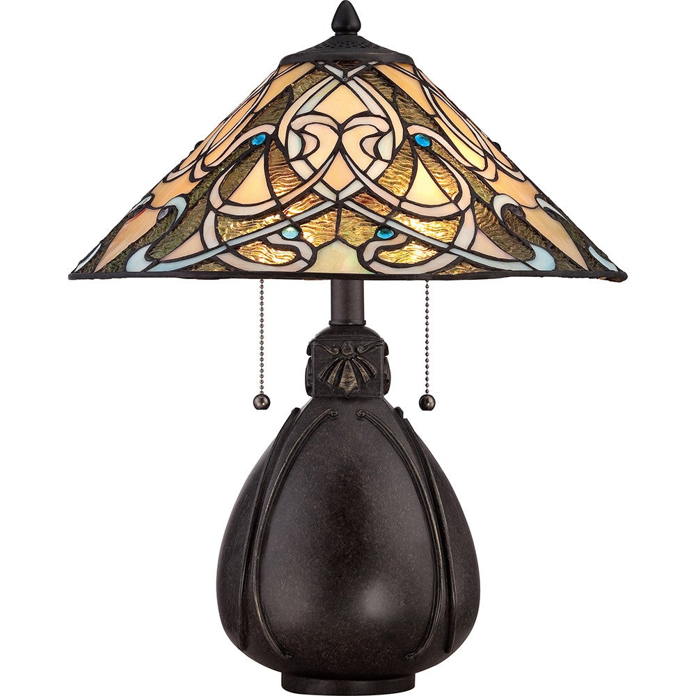 Lampa stołowa witrażowa Tiffany brązowa kremowa niebieska India E27 60W Quoizel
