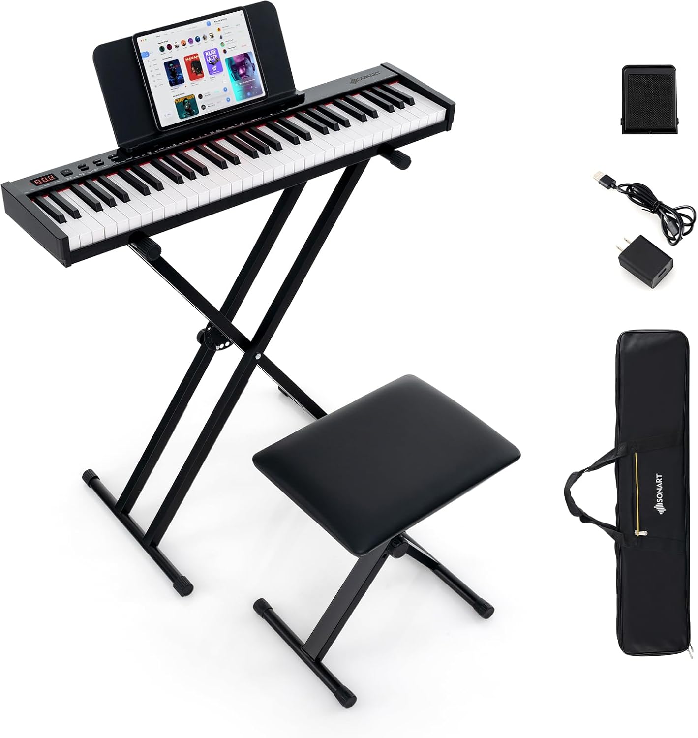 Cyfrowe Pianino 61 Klawiszy, Przenośna Klawiatura z Podstawką i Stołkiem, Klawiatura Fortepianu Elektrycznego dla Początkujących z Wyświetlaczem LED
