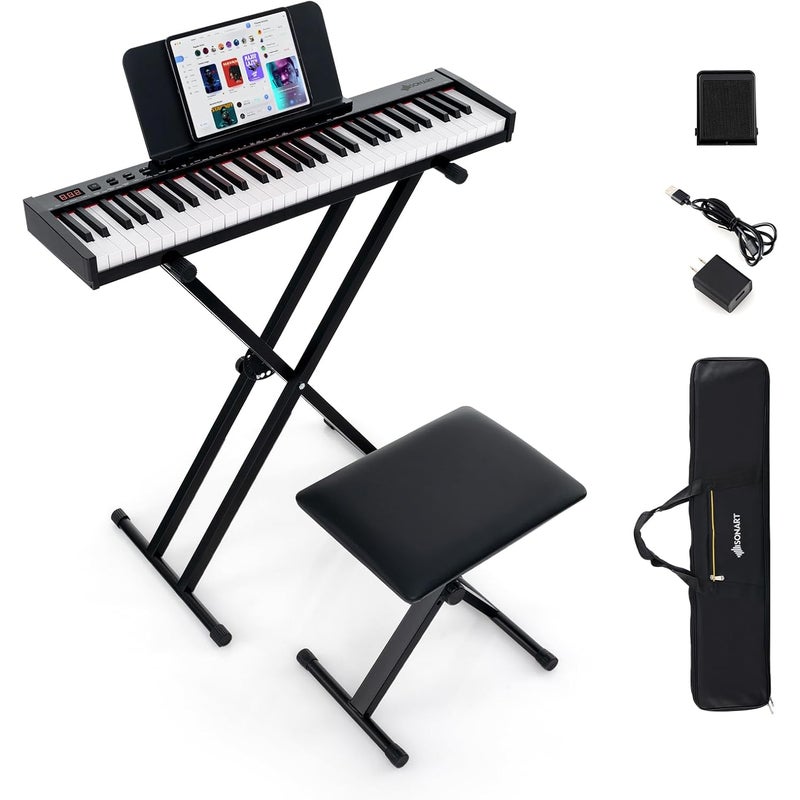 Cyfrowe Pianino 61 Klawiszy, Przenośna Klawiatura z Podstawką i Stołkiem, Klawiatura Fortepianu Elektrycznego dla Początkujących z Wyświetlaczem LED