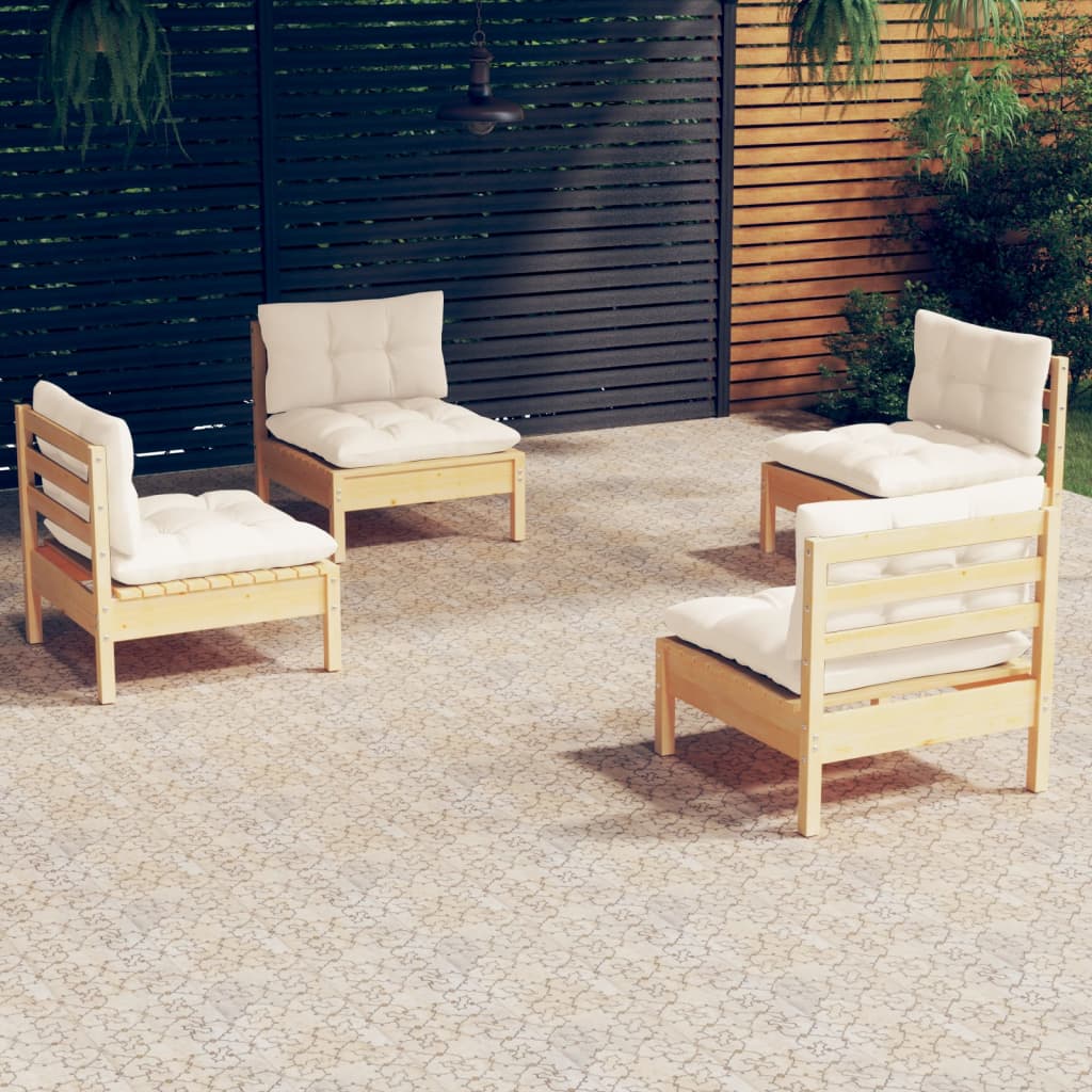 Salon De Jardin 5 Pièces En Bois De Pin Massif - Canapés, Repose-pieds, Coussins Crème - Extérieur - 8