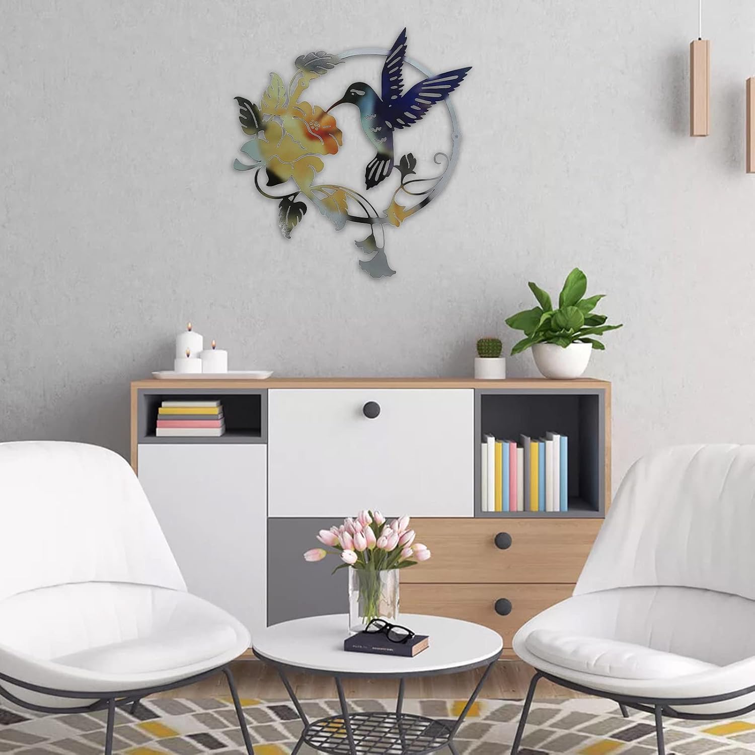 Art Mural d'Oiseaux en Métal, Décoration Murale Ronde de Colibri, Fleurs d'Extérieur, Ornement à Suspendre pour la Maison et le Jardin - 6