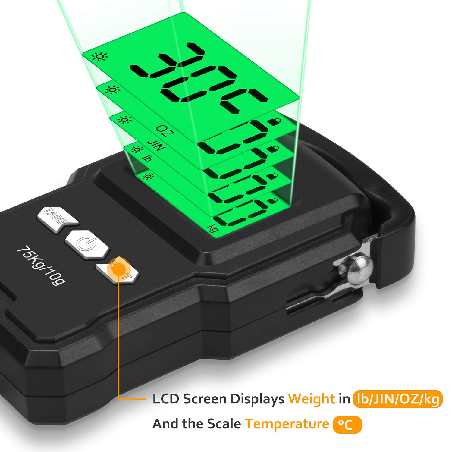Báscula electrónica portátil, báscula de gancho colgante digital retroiluminada LCD de 165 lb/75 kg con regla de cinta métrica - 4