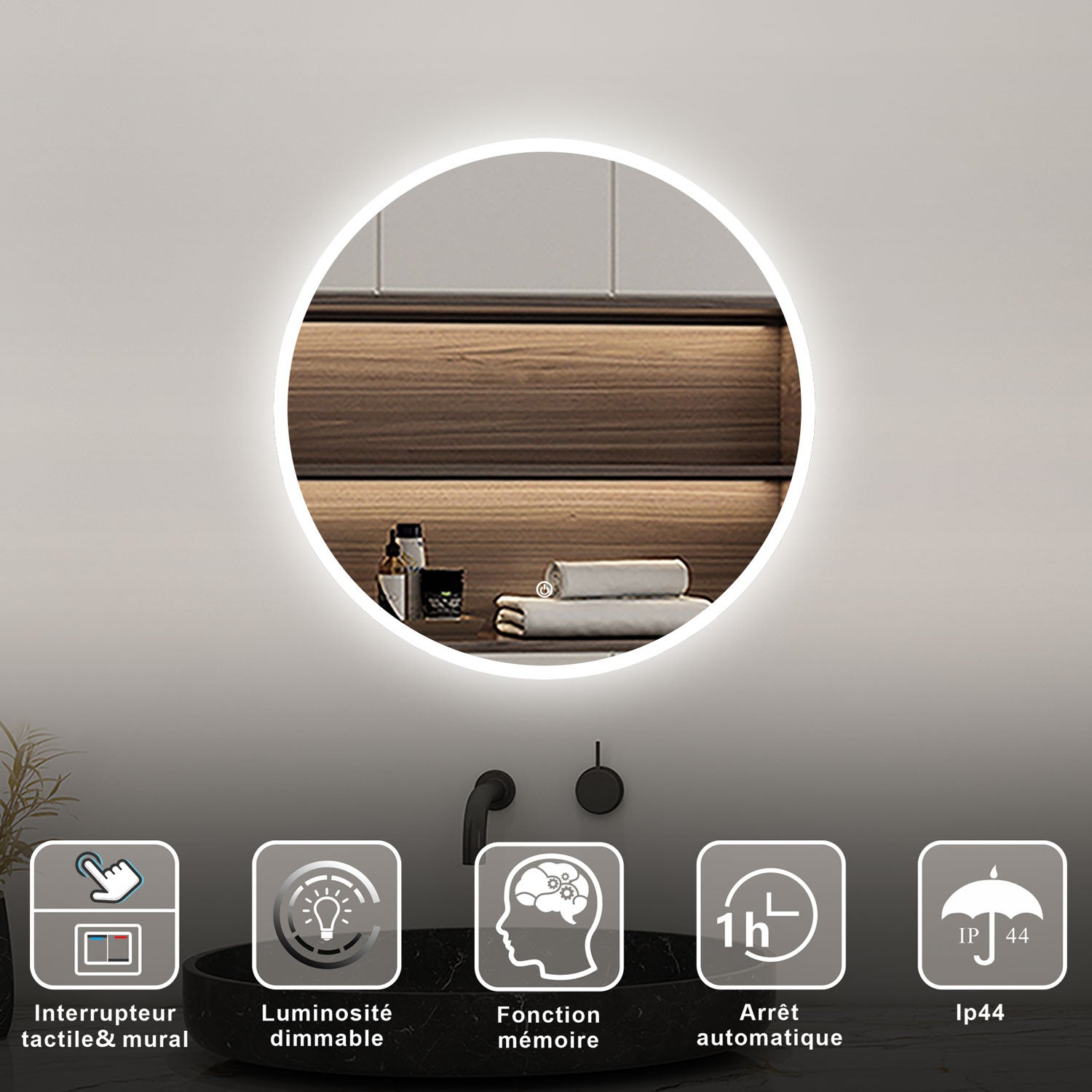 AICA Miroir lumineux rond 60cm dimmable + mémoire, miroir de salle de bain - 2