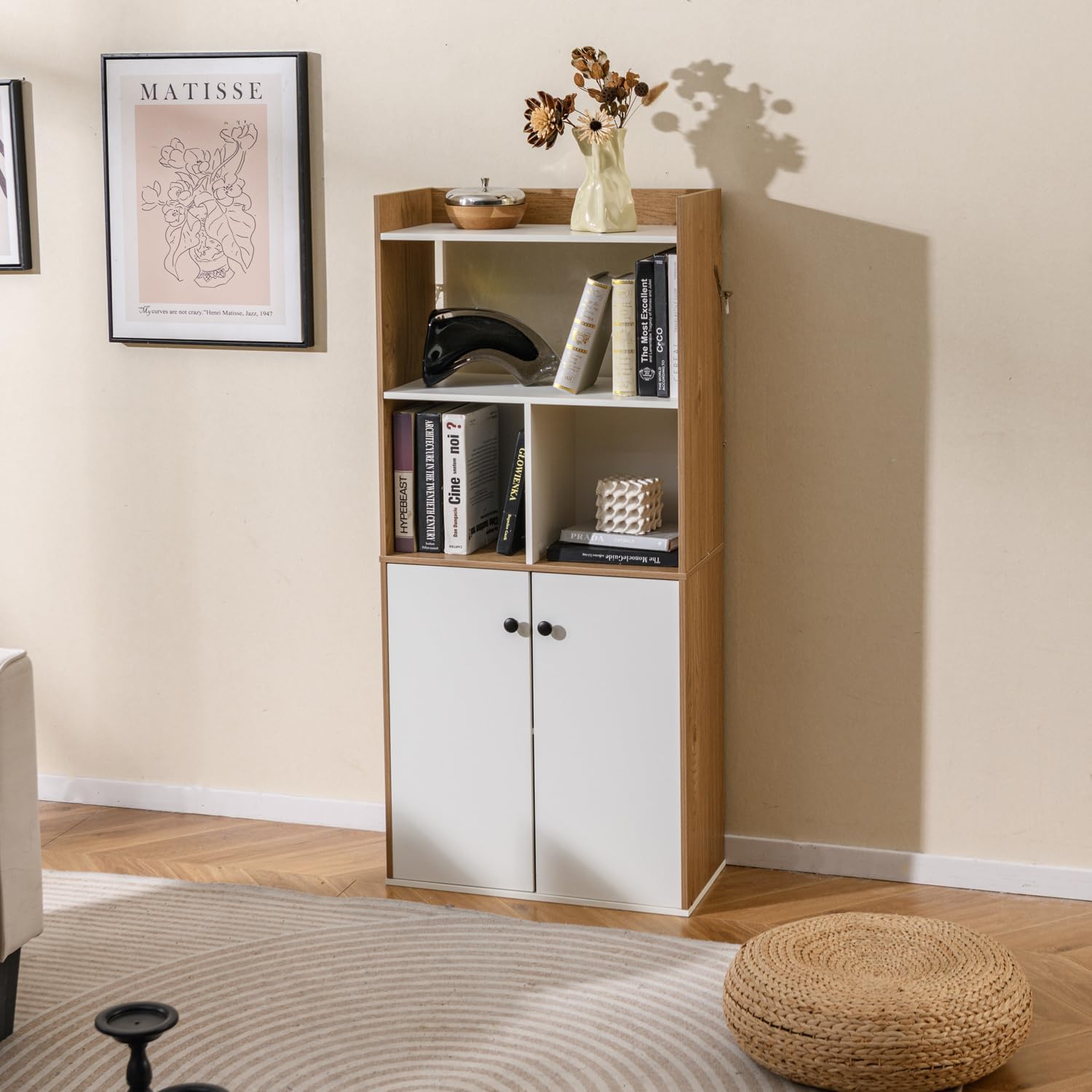 Wysoka Komoda, Nowoczesna Biblioteczka z 3 Poziomami i Otwartymi Półkami, do Salonu, Sypialni, Gabinetu, Kuchni, 60 x 30 x 140 cm (z Podstawą)