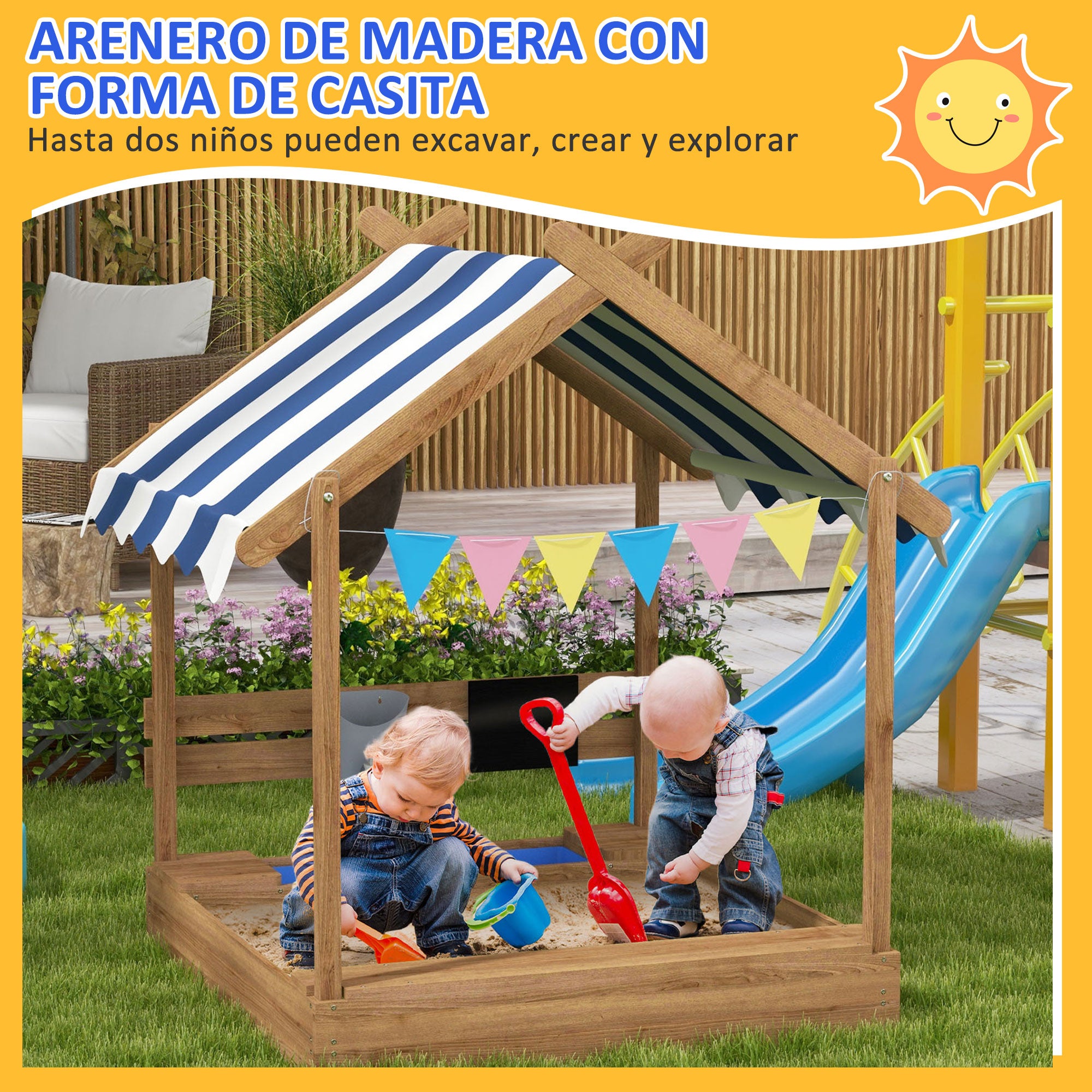 Caixa de Areia Infantil Outsunny Madeira de Abeto Castanha 124x116x146 cm - 4
