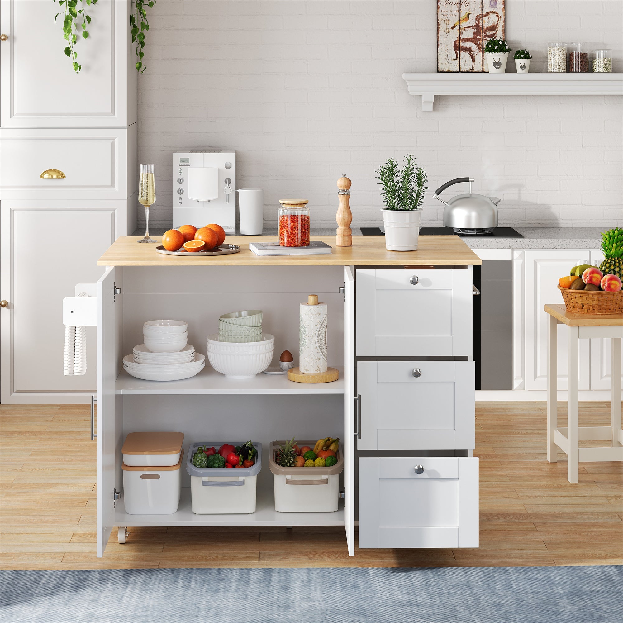Îlot central de cuisine mobile avec 2 portes et 3 tiroirs - 135 x 44/70 x 90 cm - MDF - Plateau extensible - Blanc + naturel - 2