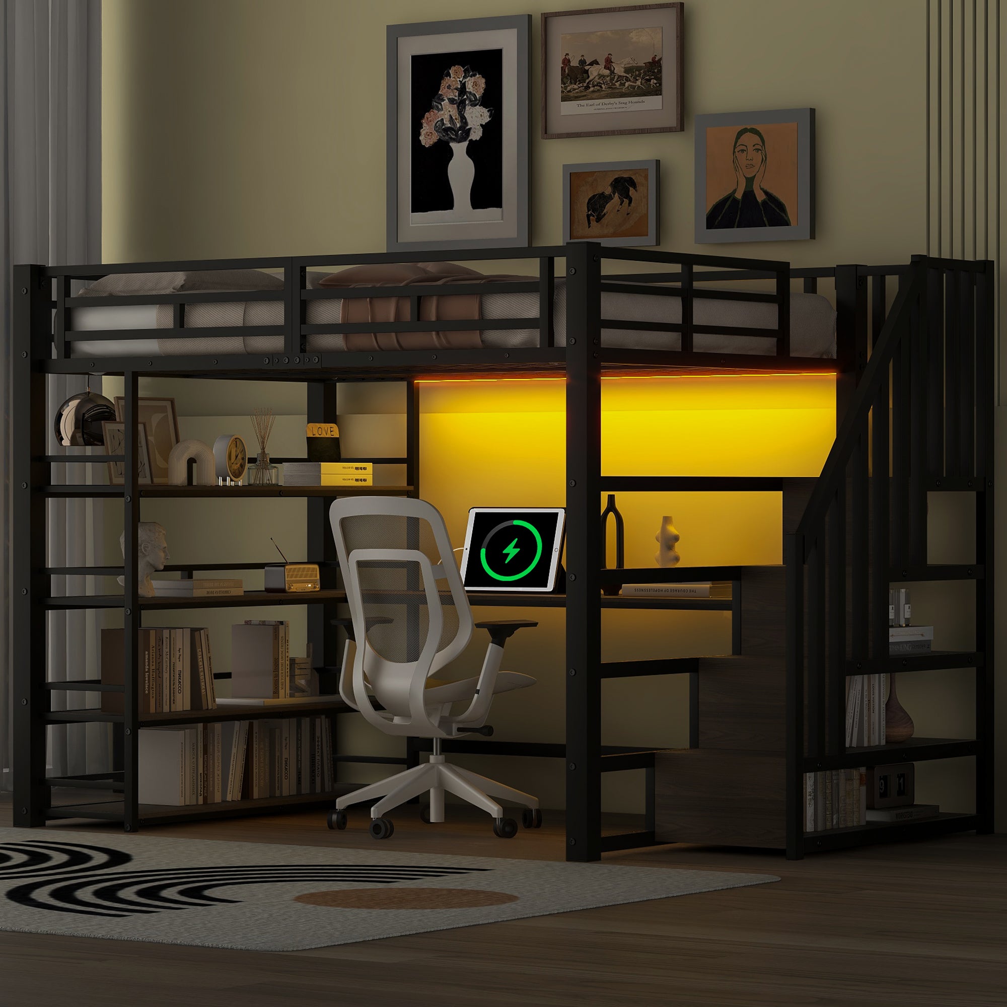 Łóżko Piętrowe Metalowe 140x200 ze Schodami, Biurkiem, Schowkami, USB i Oświetleniem LED, Czarne