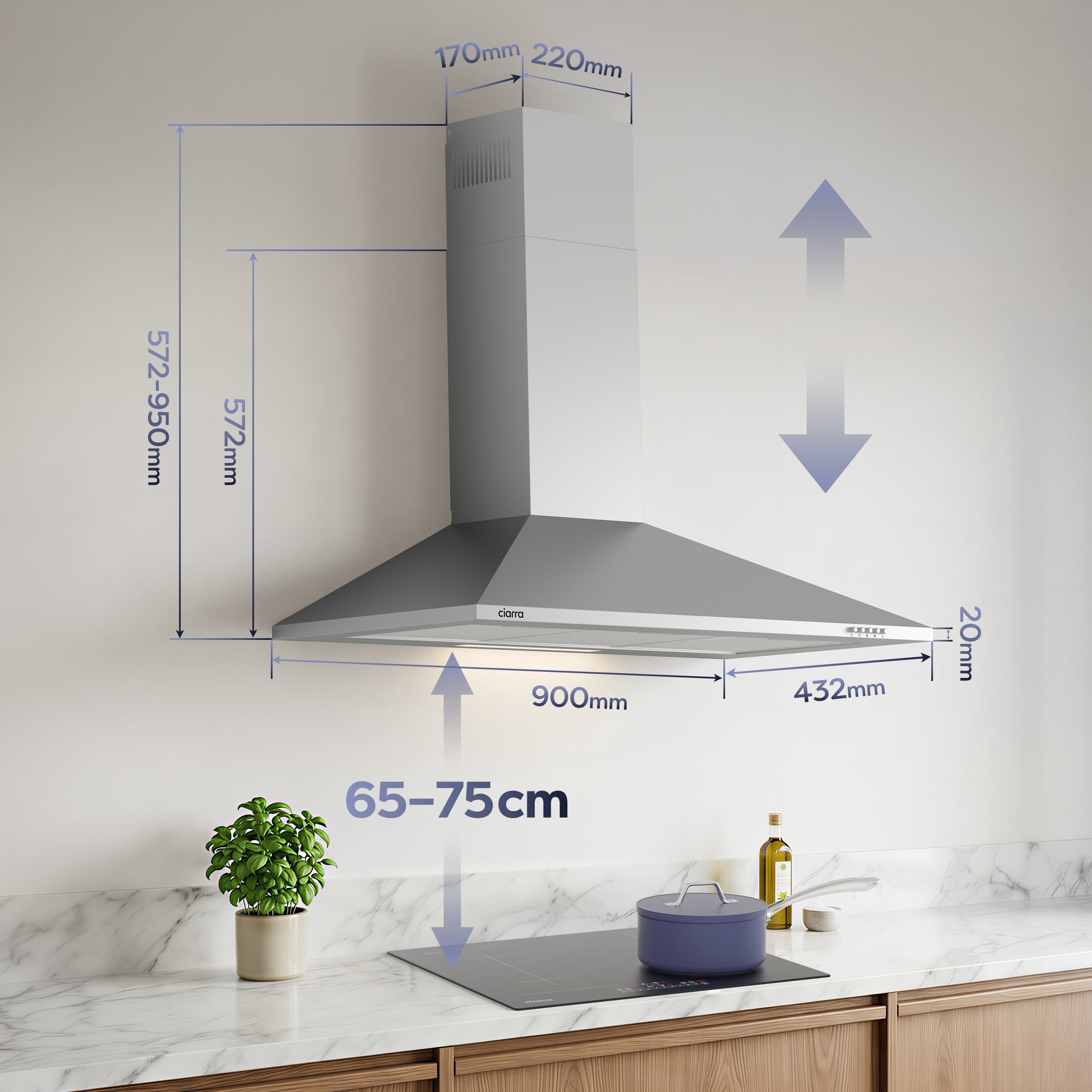 CIARRA Exaustor de parede 90 cm 370 m³/h A++ 3 Velocidades com Filtros de Carvão Extração ou Recirculação Inox 201SS90 - 9
