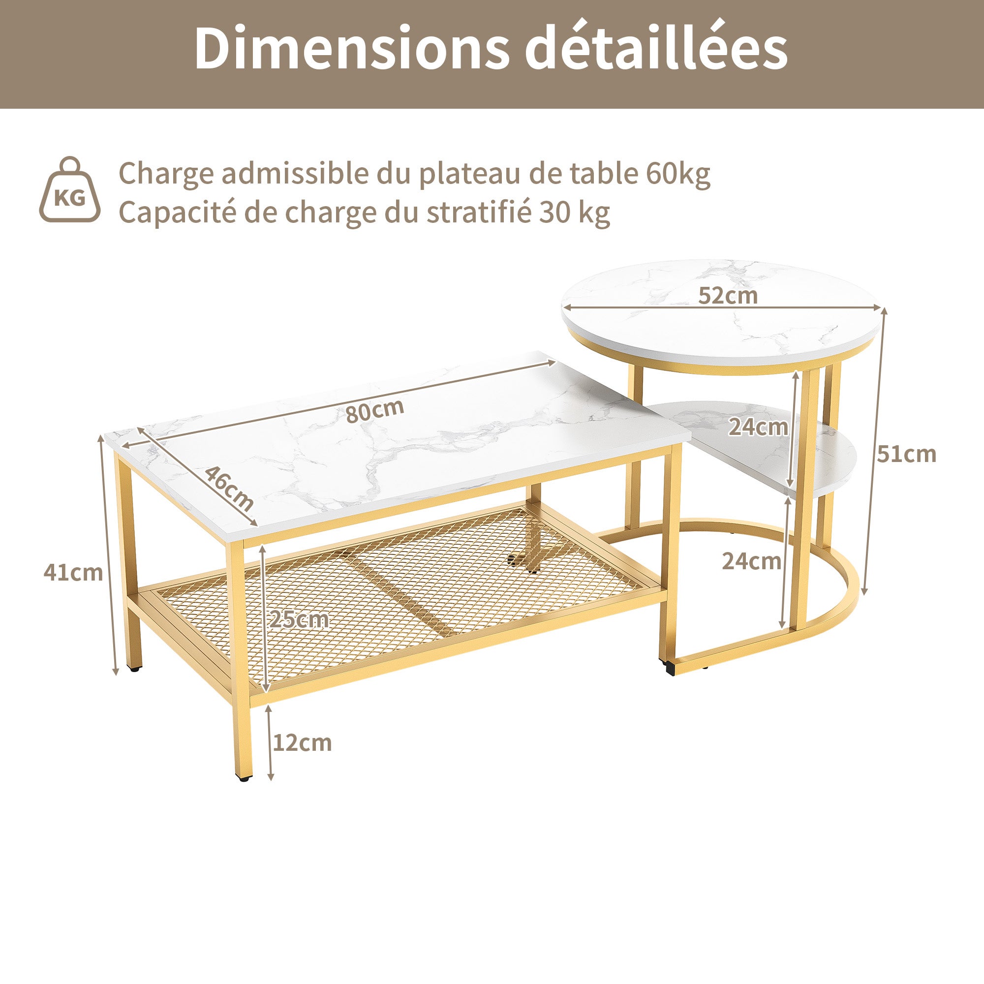 Tables Basses, Lot de 2, COZY, avec Placage de Marbre Blanc, Cadre en Métal Doré, Design Élégant, Polyvalente pour Salon et Jardin - 8