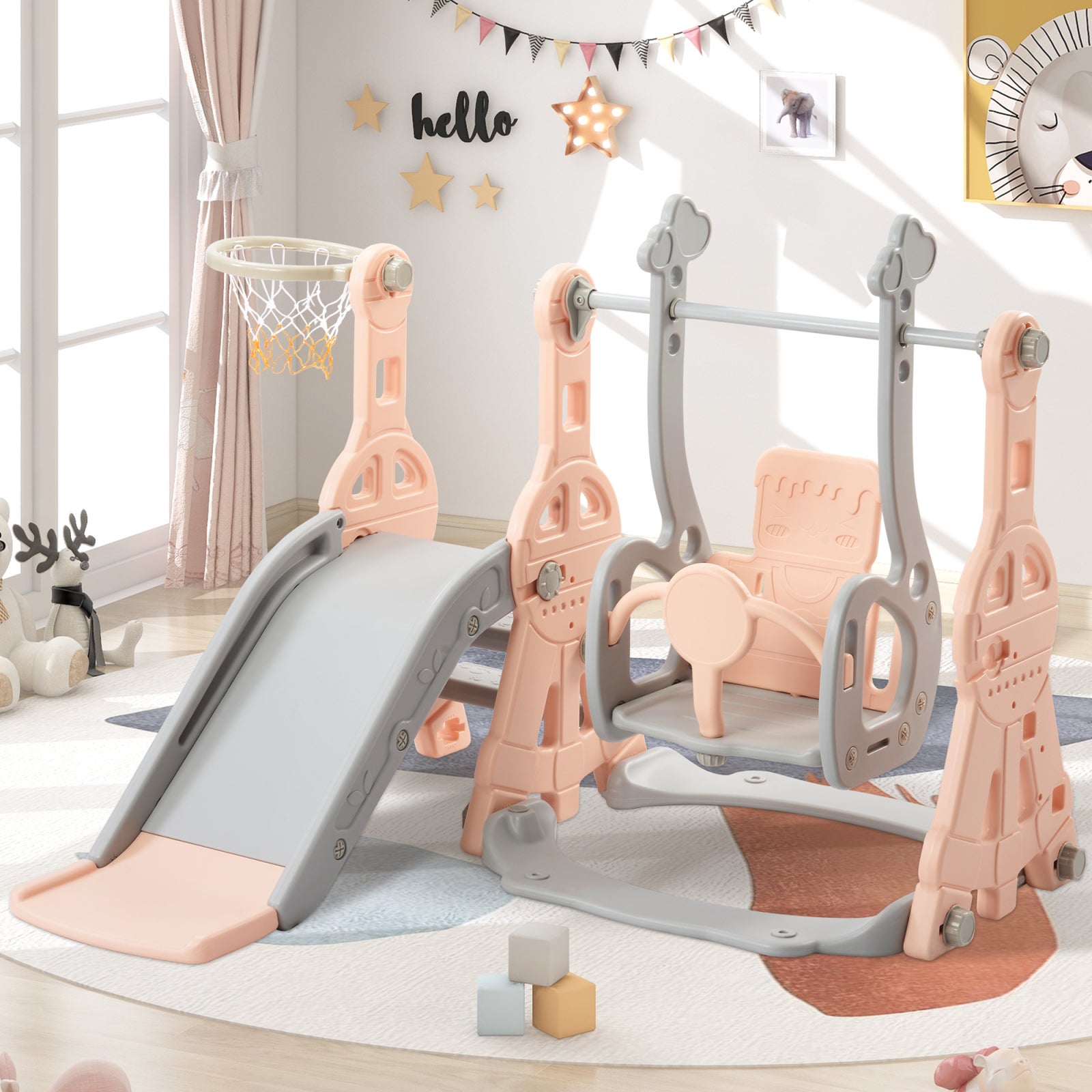 Toboggan Enfant 4 en 1 Toboggan Bebe avec Balançoire et Panier de Basket pour Les Enfants de 1 à 6 Ans, Aire de Jeux Intérieure et Extérieure, Rose - 9