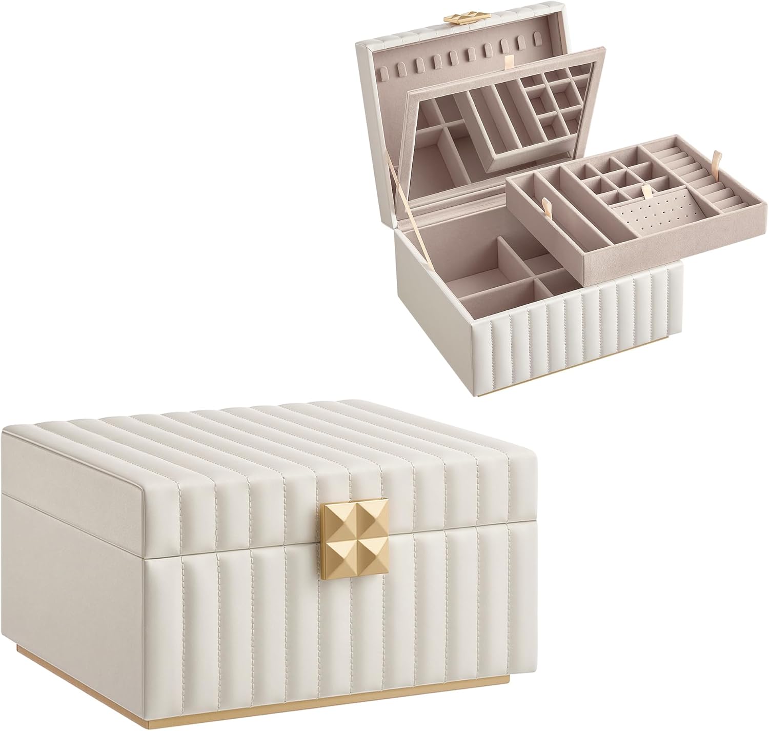 Organisateur De Bijoux 2 Niveaux Blanc Et Doré - Support à Bracelets, Colliers, Bagues - Velours Beige, Design En T - Pour Maison Ou Vitrine - 9