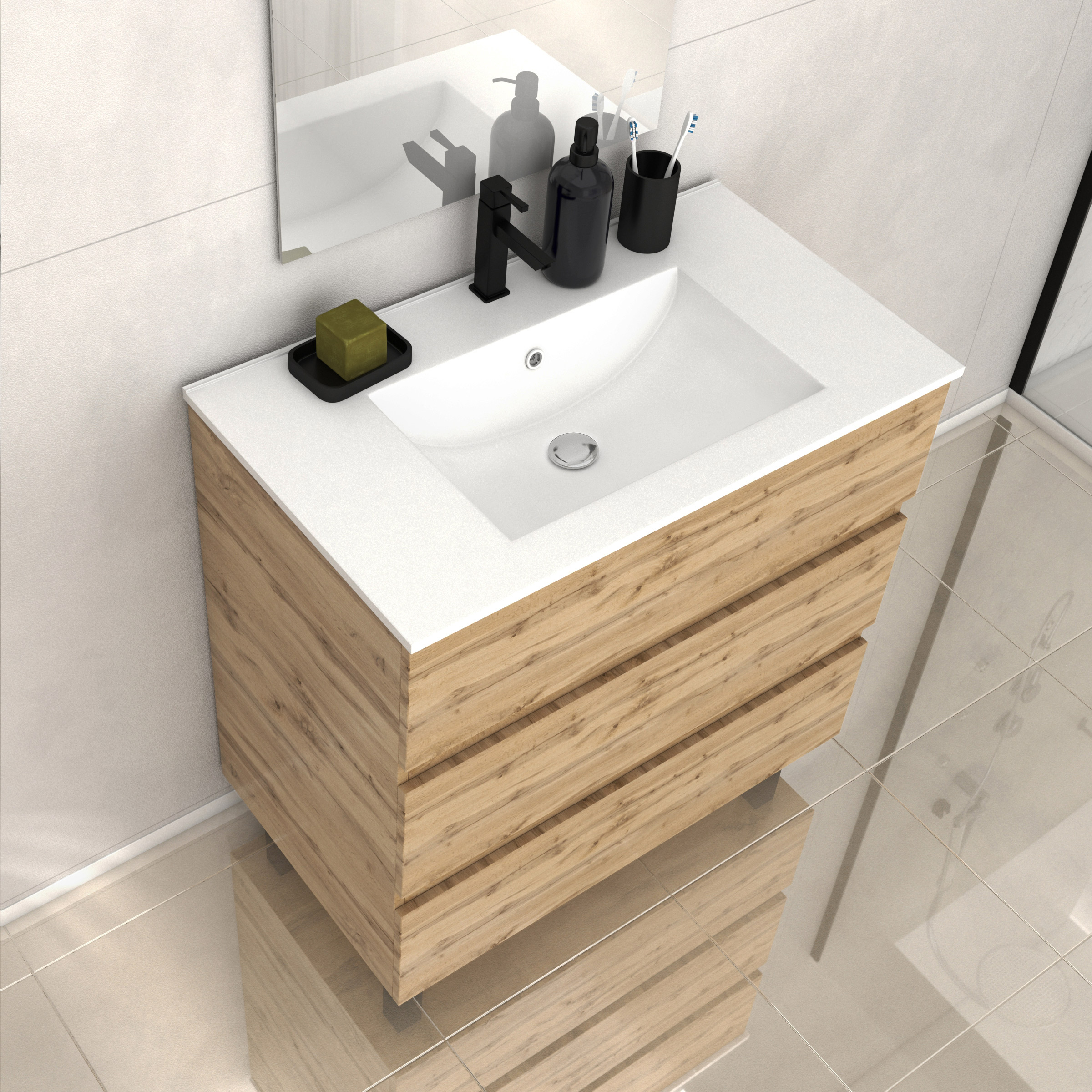 Meuble de salle de bains 80cm 3 Tiroirs_Chêne Naturel + Vasque céramique blanche - TIMBER 80 - 5
