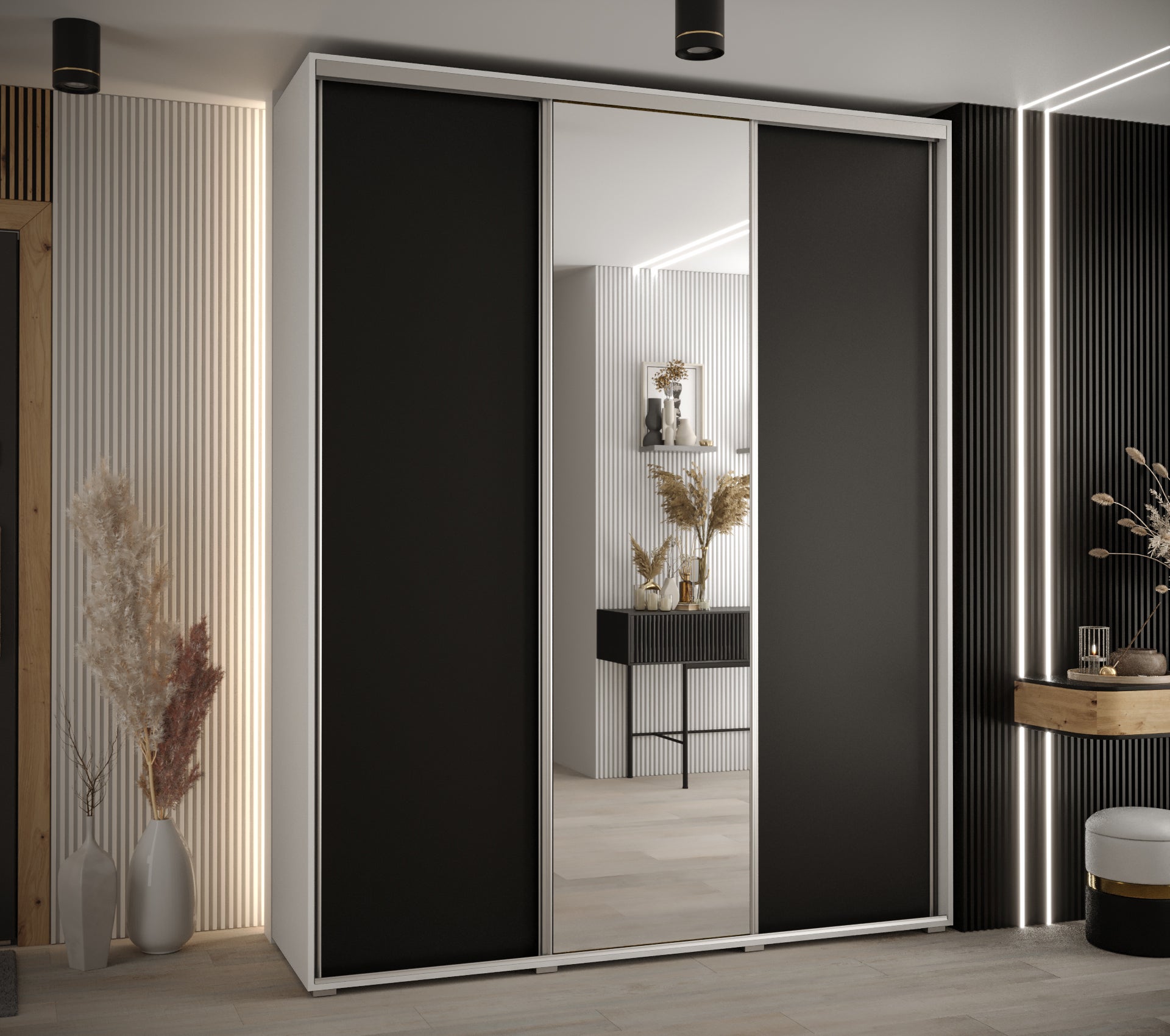Szafa przesuwna z lustrem wysoka Davos 3 200 x 45 x 235,2 cm biały + czarny + u. srebrny - Abiks Meble - 2