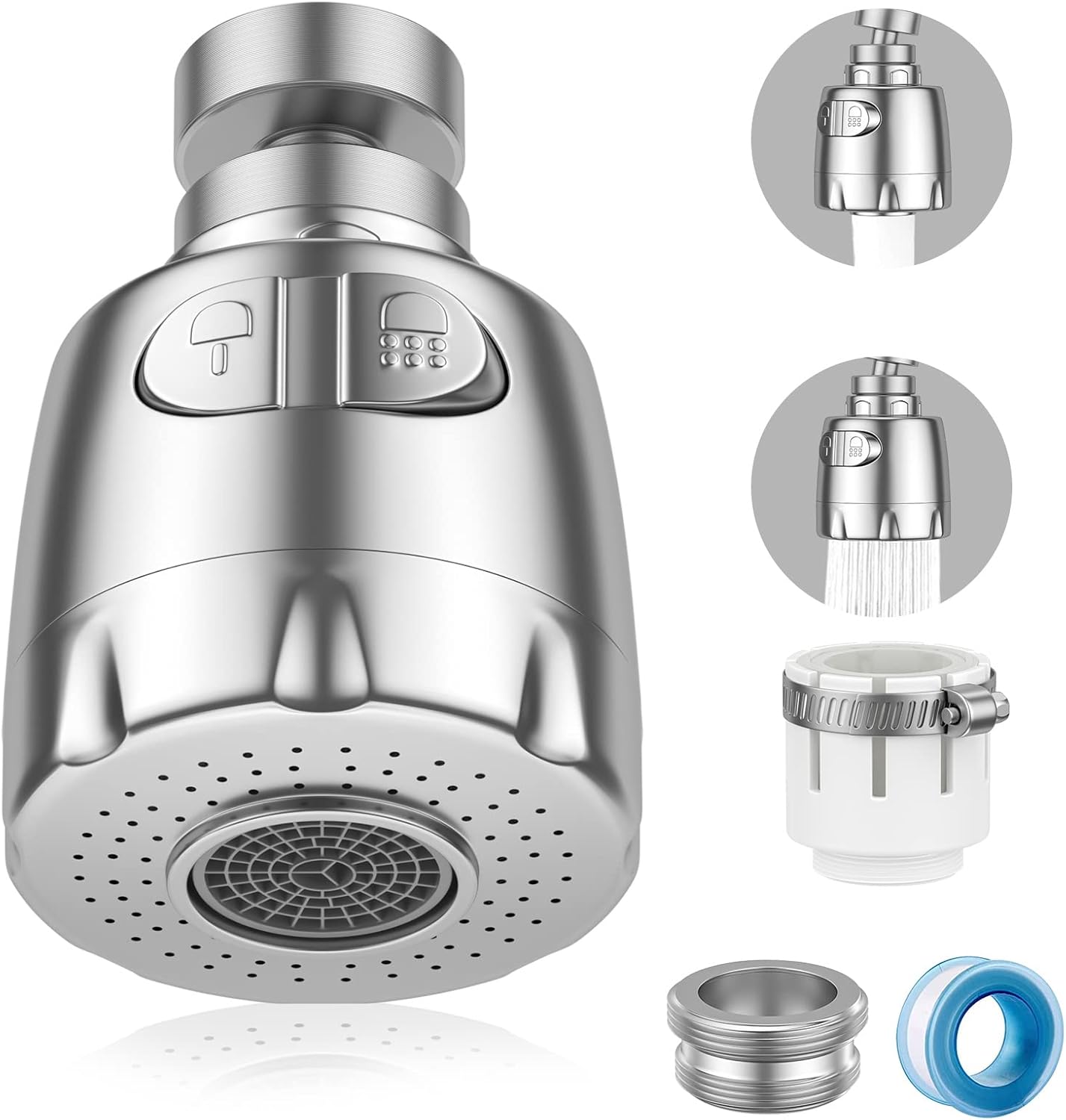 Srebrny perlator do kranu, obrotowy perlator do kranu 360°, oszczędzający wodę filtr do kranu, dysza natryskowa z regulatorem do kuchni