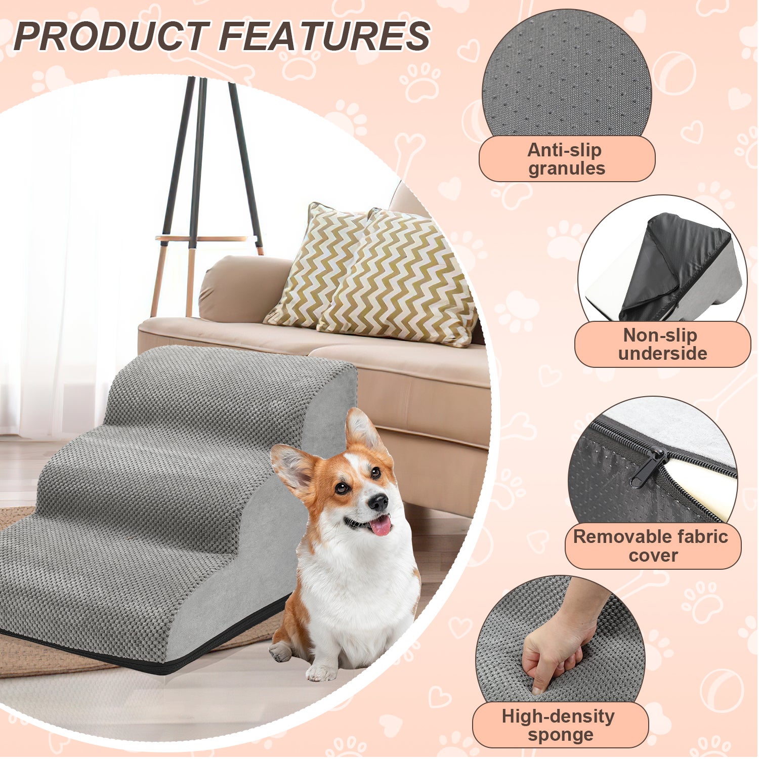 Escalier pour animaux de compagnie en mousse haute densité à 3 marches, rampe antidérapante pour chien/chat, exercice pour animaux de compagnie - 5