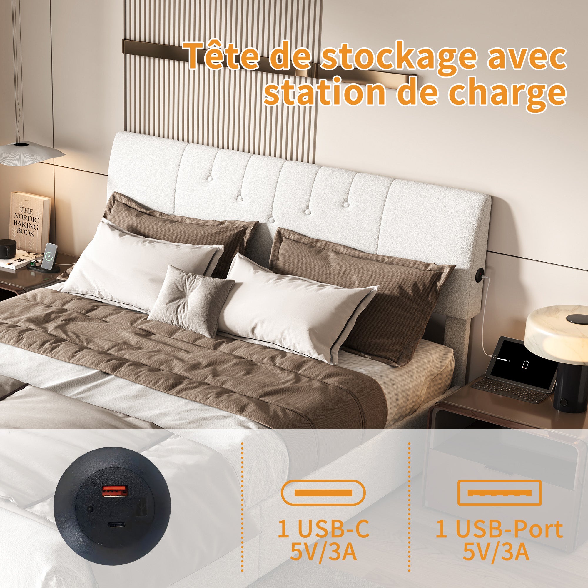 Lit 140x190 cm avec sommier à lattes, COZY, lit adulte avec USB et Type C, cadre de lit coffre, tissu en teddy velours, blanc - 4