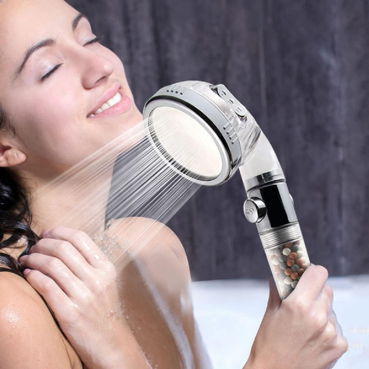 Pommeau de douche avec anti-calcaire - Pommeau de douche haute pression 3 types de jet - Économie d'eau Filtre et boule minérale - 5
