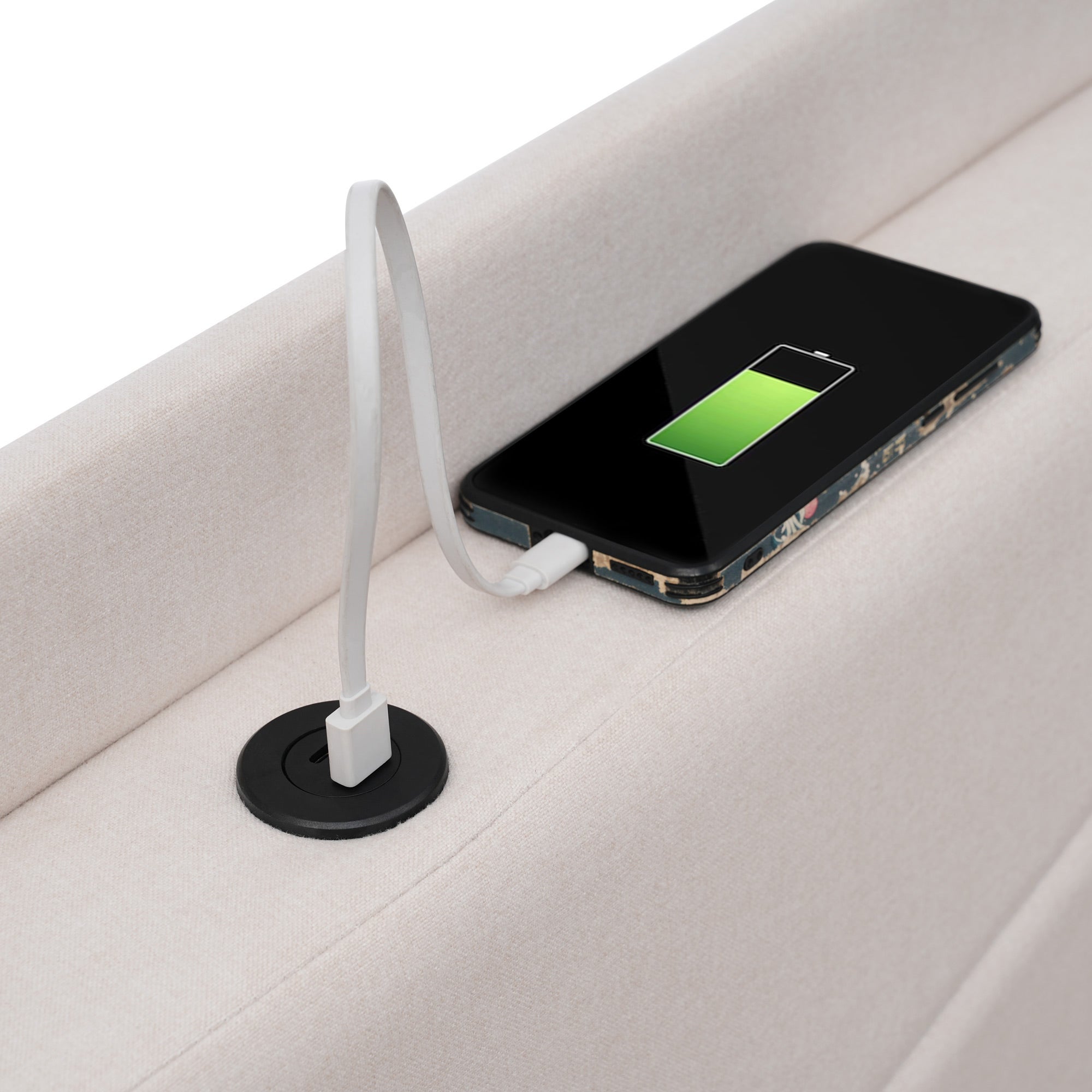 Cama contenedor de tela de lino 160x200 cm - con puerto USB y somier - Beige - 6