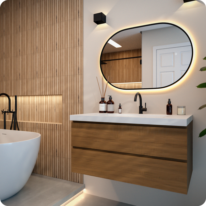 Miroir de salle de bain Mirlux avec éclairage LED et chauffage - Miroir mural ovale - Miroir de douche anti-condensation - Noir - 90 x 60 cm - 2