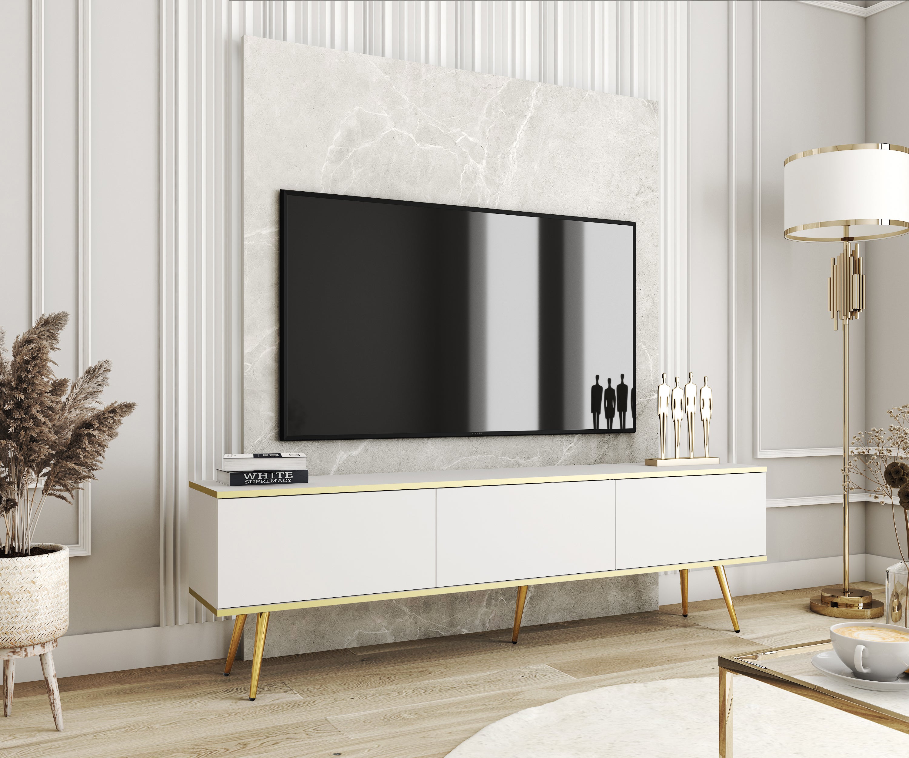 Szafka RTV, biała, złote nogi, 175 x 30 x 52 cm, otwierana na naciśnięcie - 2