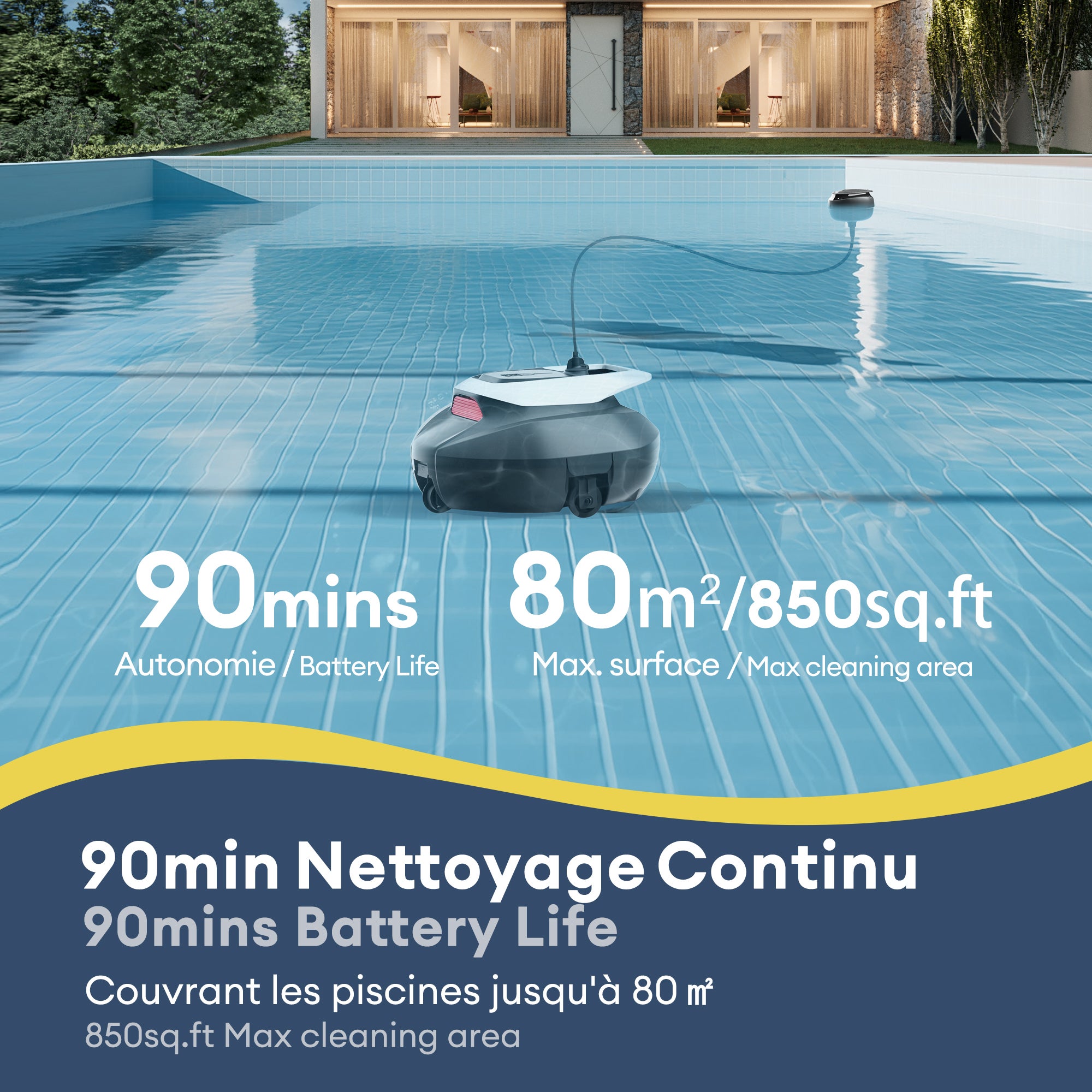 Robô de piscina sem fios Pooleco 10, ABS, Auto-Parking, 2,5 L, ideal para piscinas acima do solo com 80 m² , Dois motores - 6