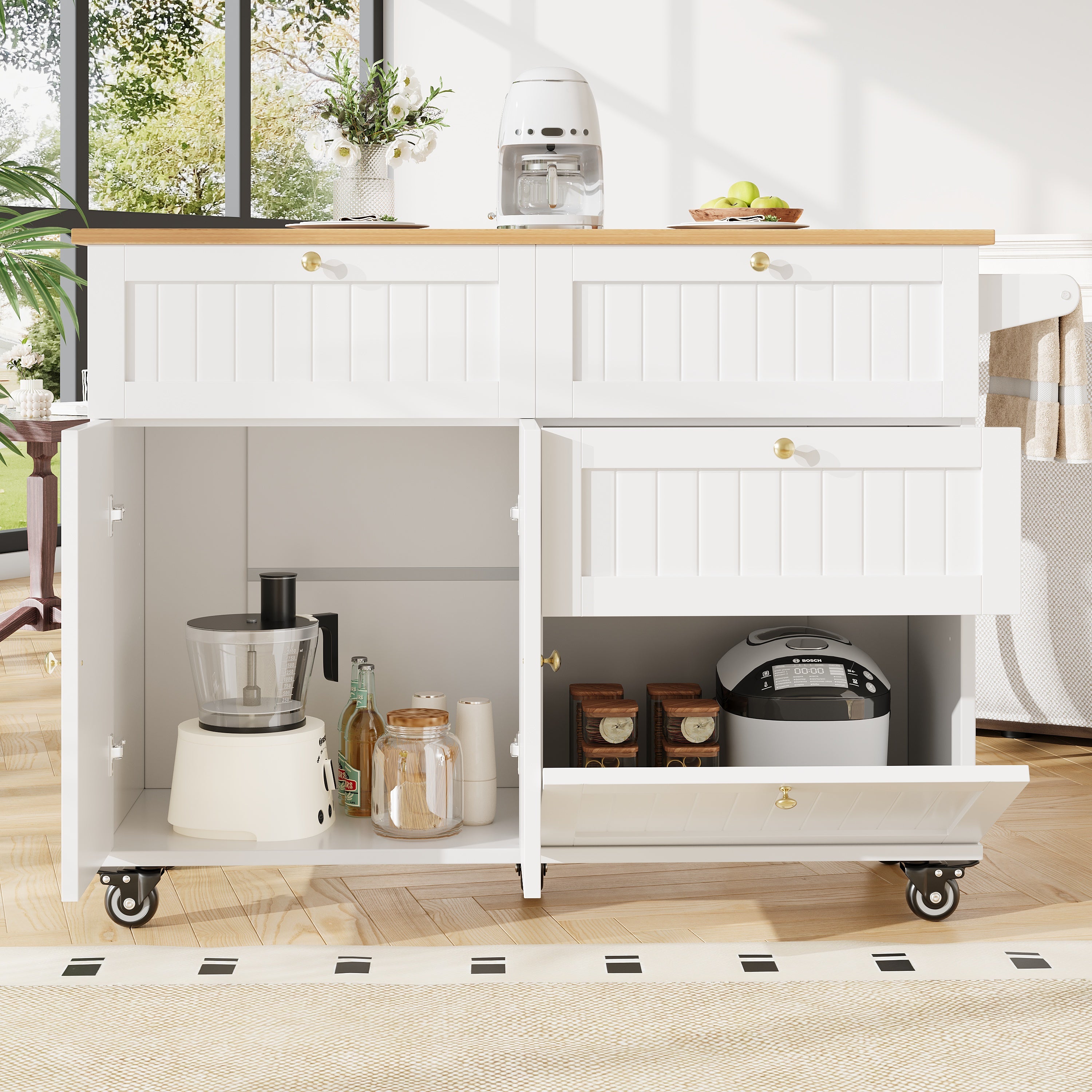 Îlot de cuisine, meuble de cuisine, meuble de salle à manger, chariot de salle à manger en grain de bois, table à manger multifonctionnelle, blanc - 7