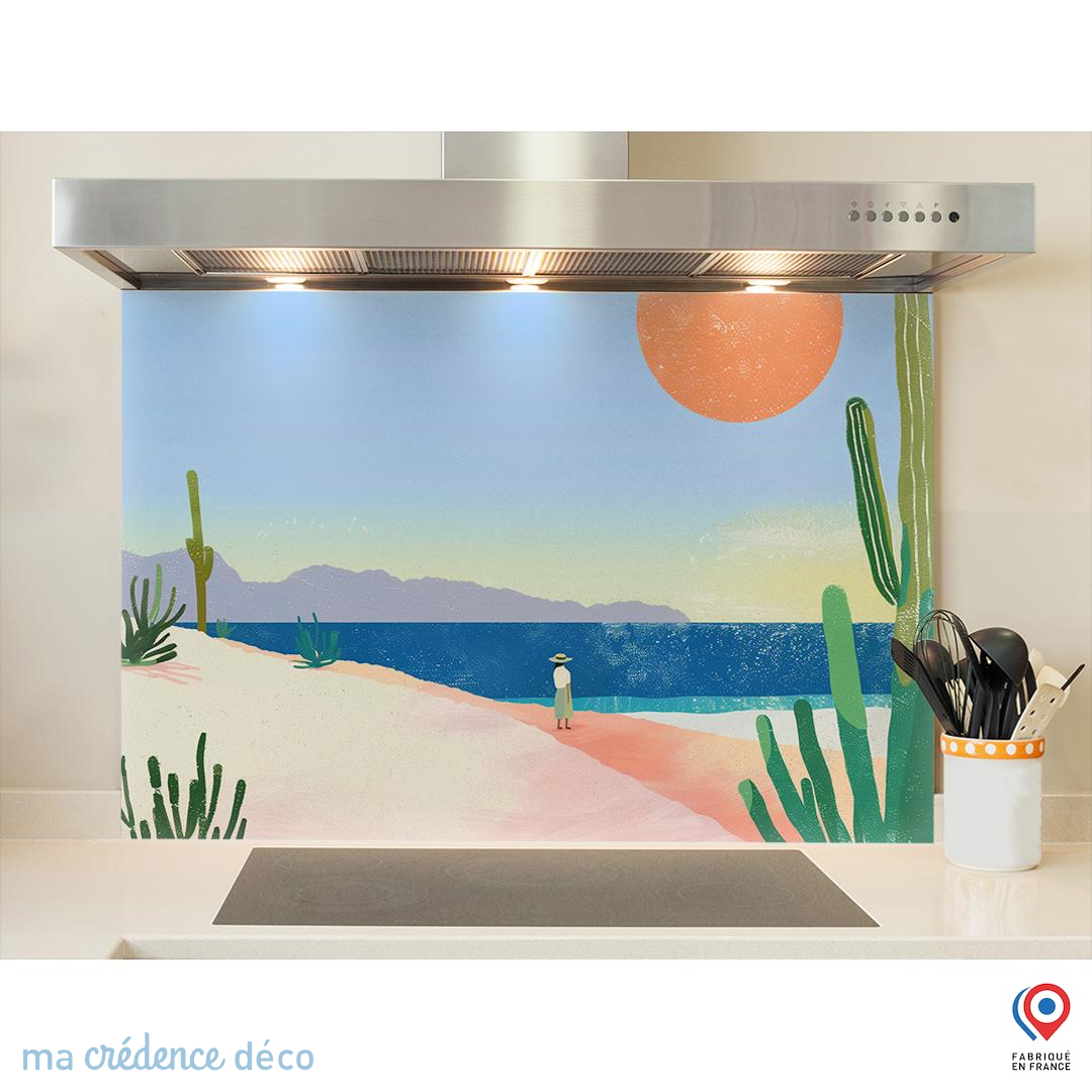 Crédence Cuisine Verre Tulup 120x60 Cm - Paysage Rochers Mer - Jaune Gris Bleu