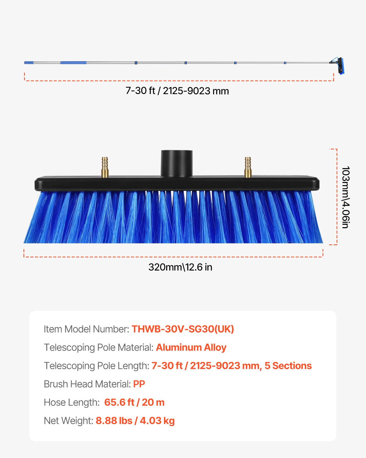 Kit perche télescopique 9 m,VEVOR brosse PP rotative 180°,tuyau 20 m,outil nettoyage panneaux solaires/vitres alimenté eau - 7